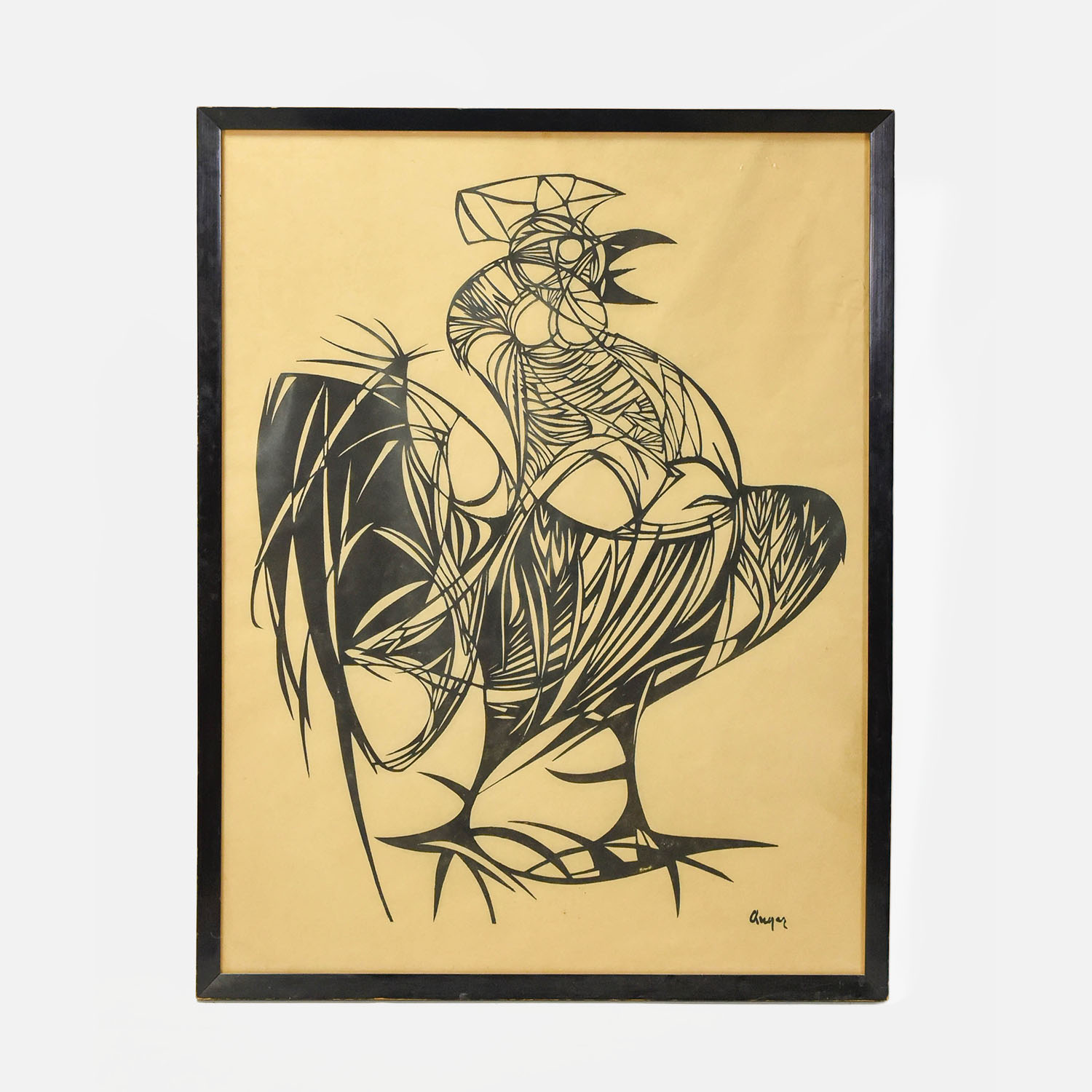 Modernist Framed Black and White MCM Rooster Print