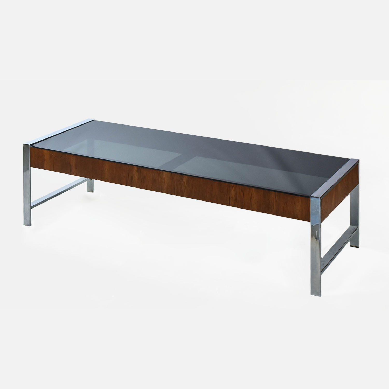 1970s Retro Chrome Flat Steel Bar Glass Top Coffee Table