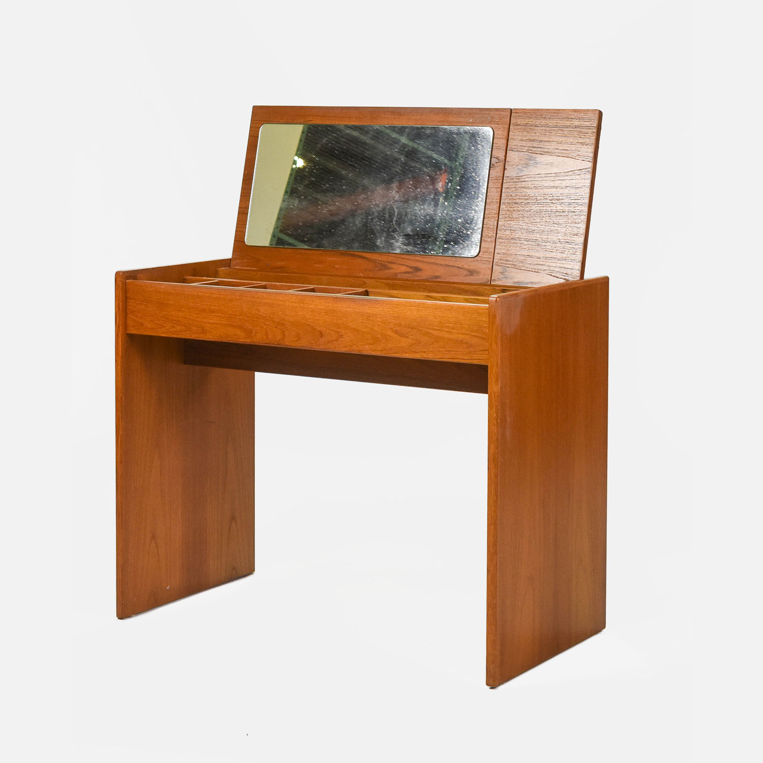 1960s Danish Modern Teak Lift Top Vanity MCM Table with Mirror