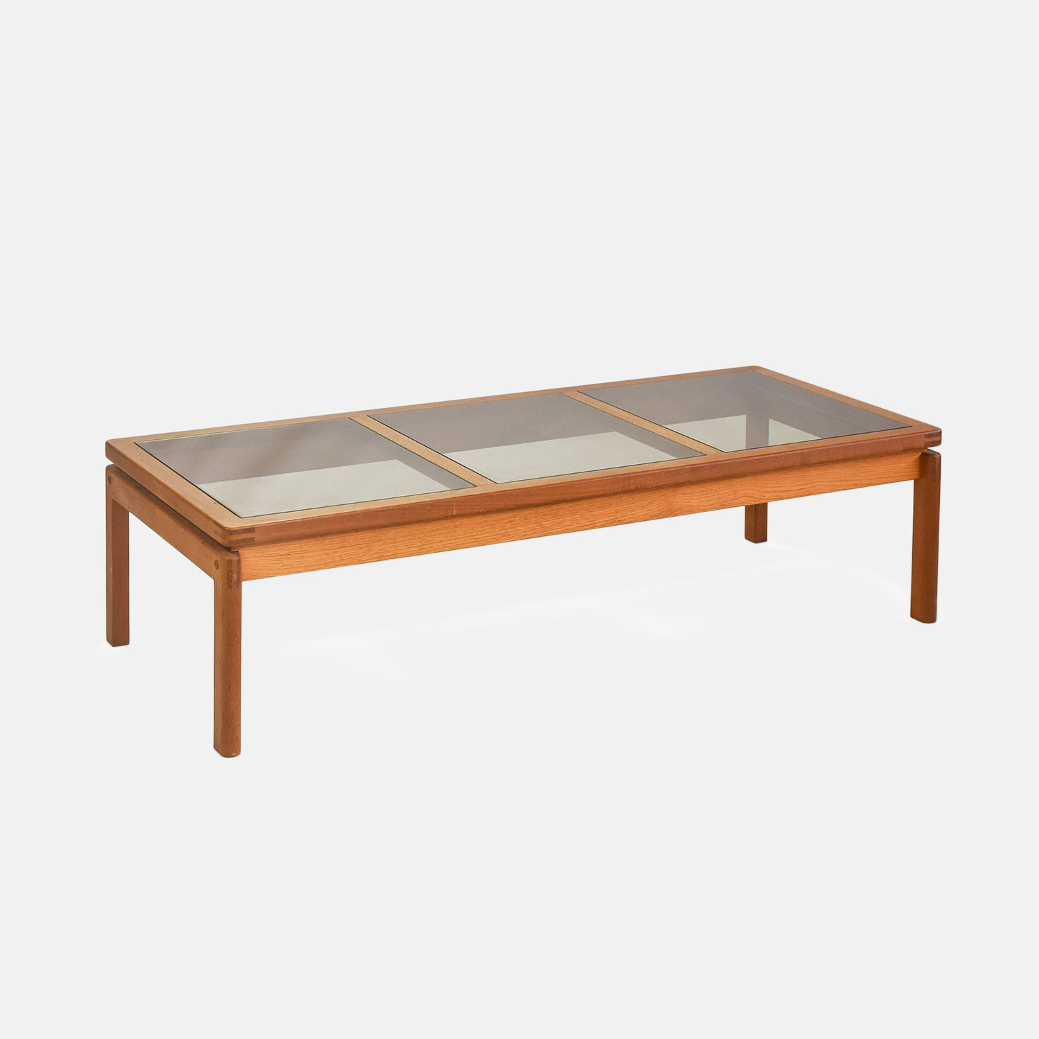Danish Mid Century Modern Teak Coffee Table with Smoky Glass Panes