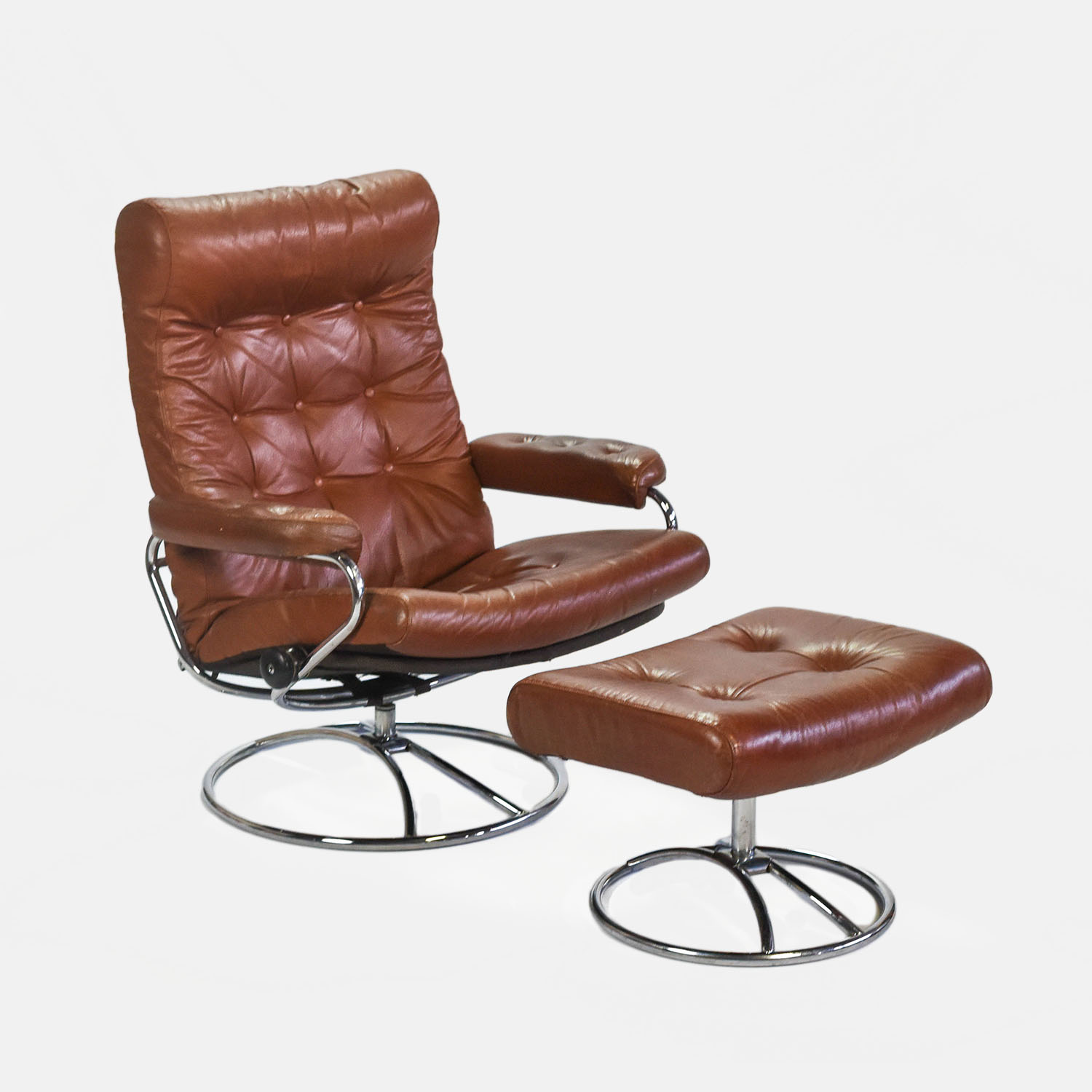 Ekornes Danish Modern Chrome and Vinyl Lounge Chair and Ottoman