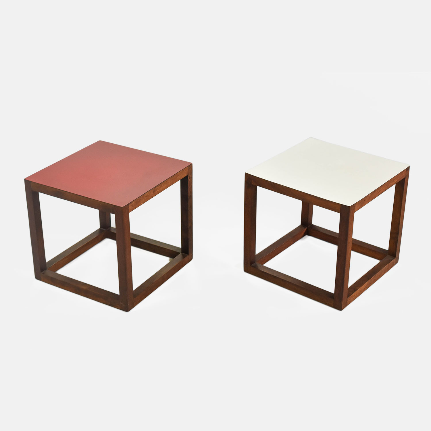 Two 1970s Retro Laminated Red and White Cube Side Tables