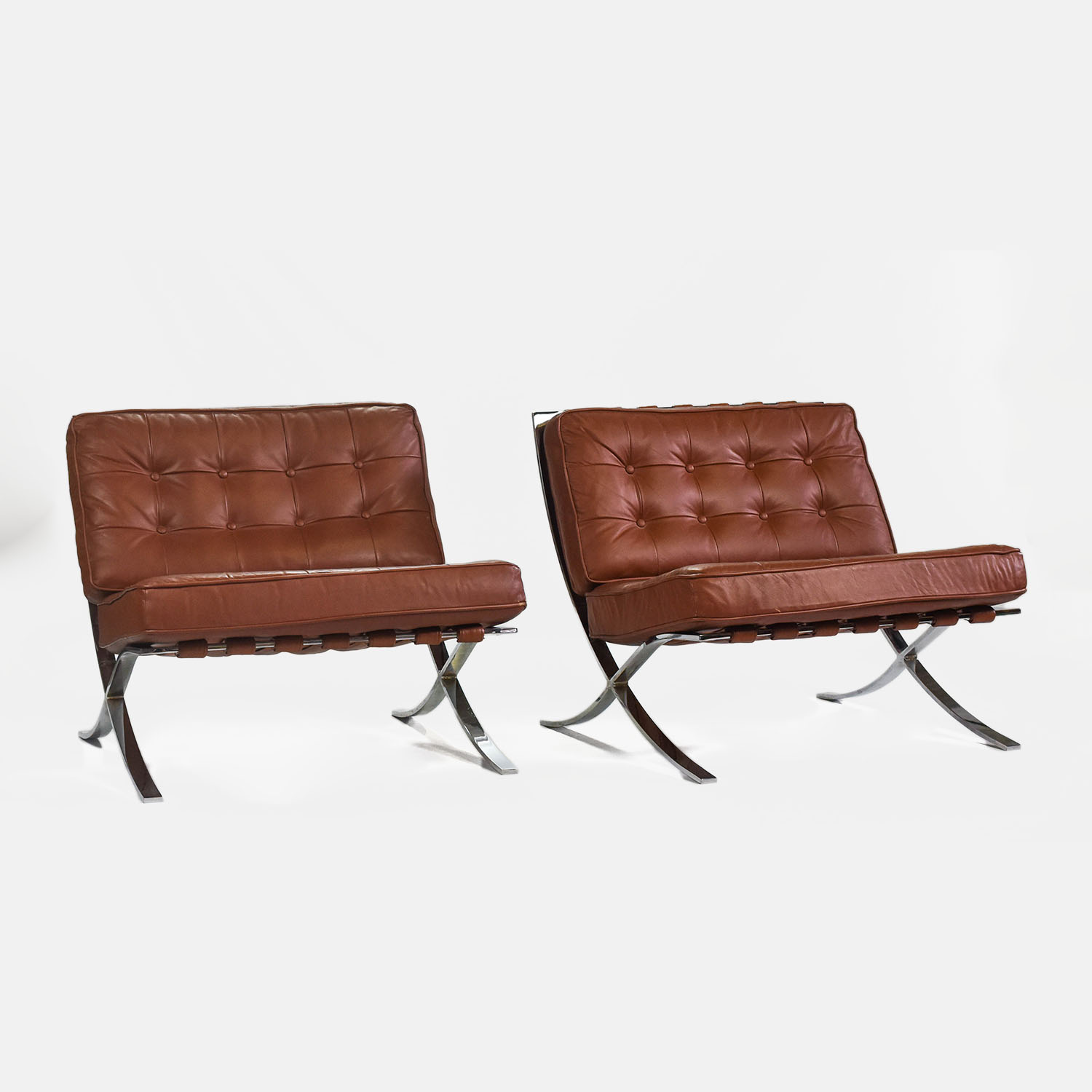 Two Knoll Modernist Metal and Leather Barcelona Chairs