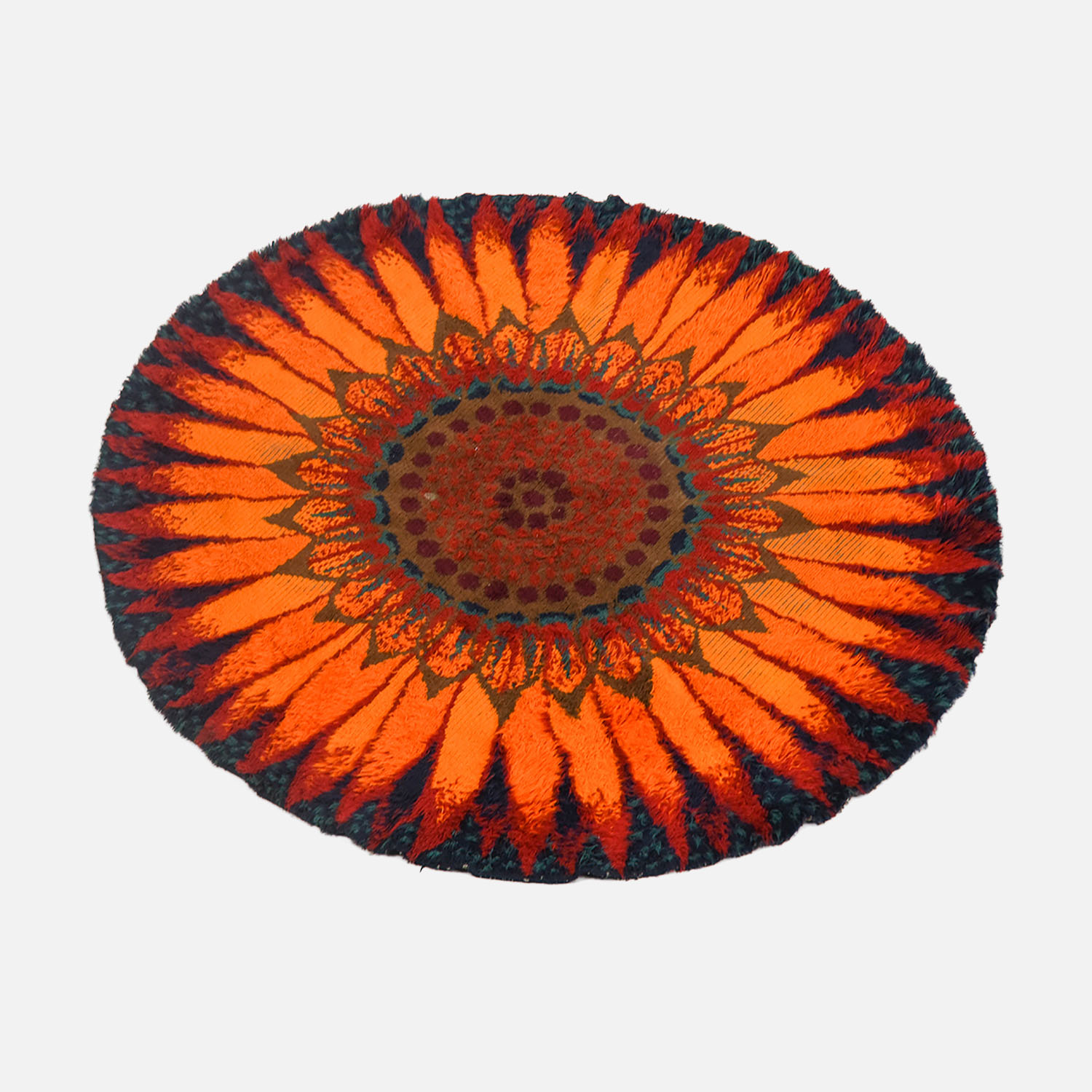 Round Scandinavian MCM Rya Rug Vintage 1970s Sunflower Red Blue Orange Carpet