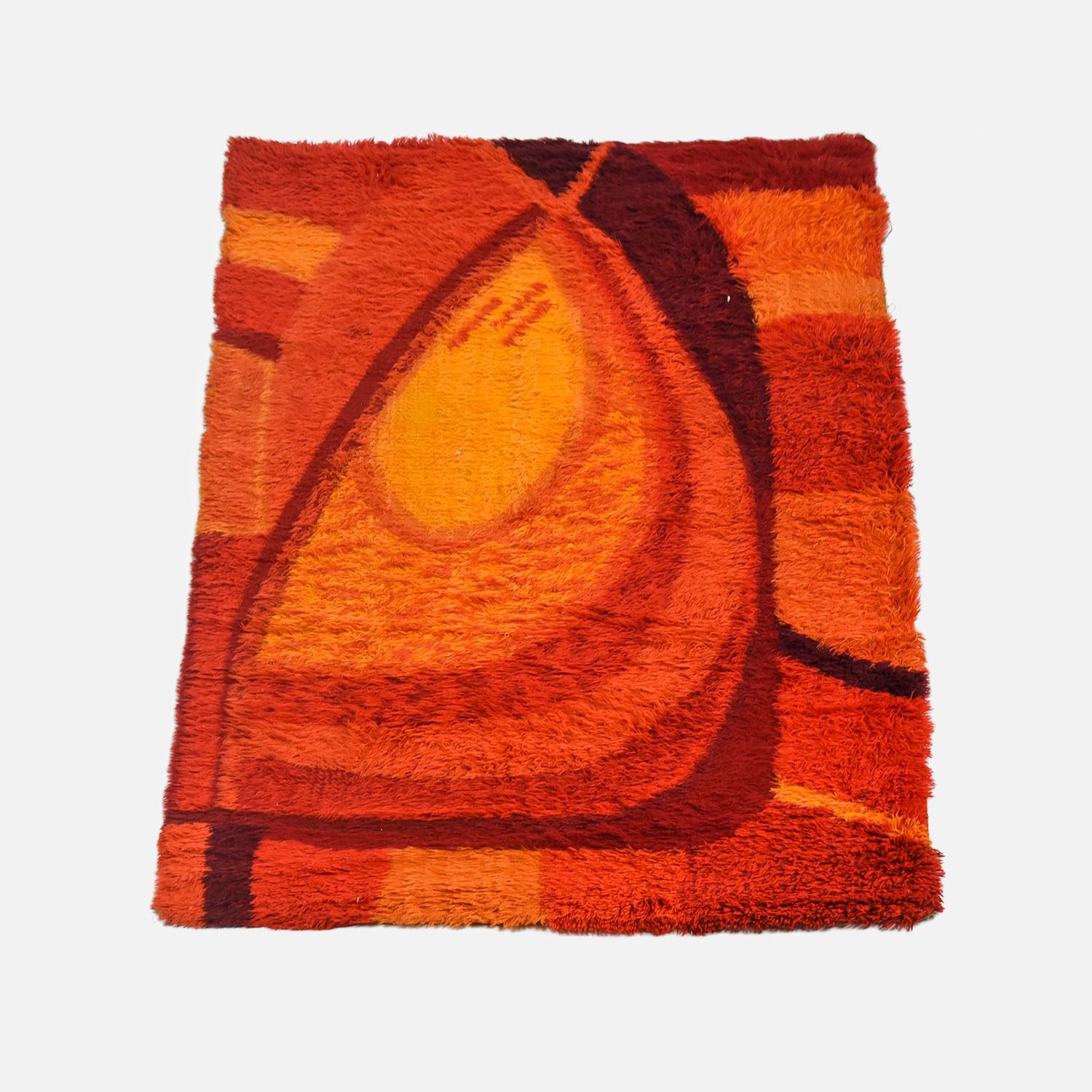 Scandinavian MCM Rya Rug Vintage 1970s Rectangle Orange Red Brown Carpet