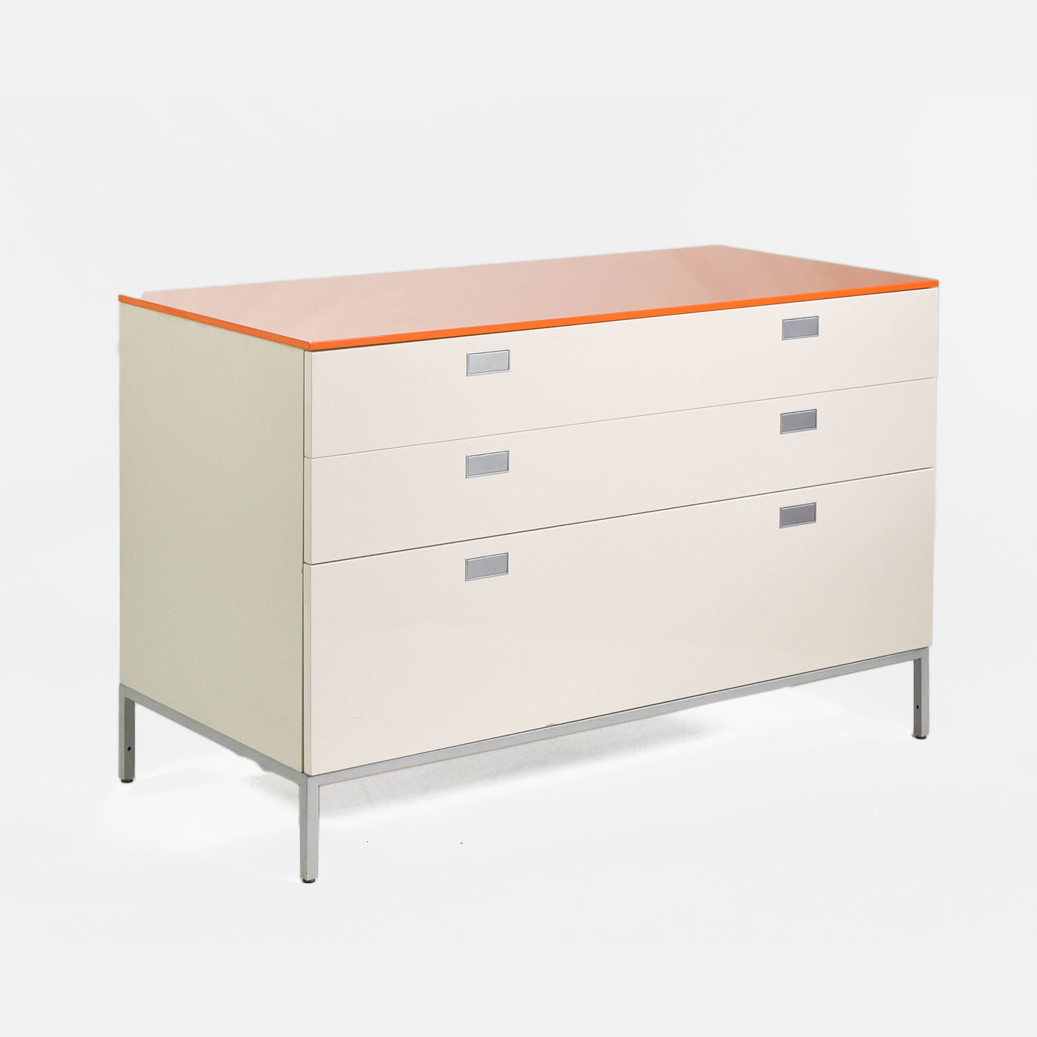 Modern Four Drawer Orange and White Wood Metal Enamel Dresser