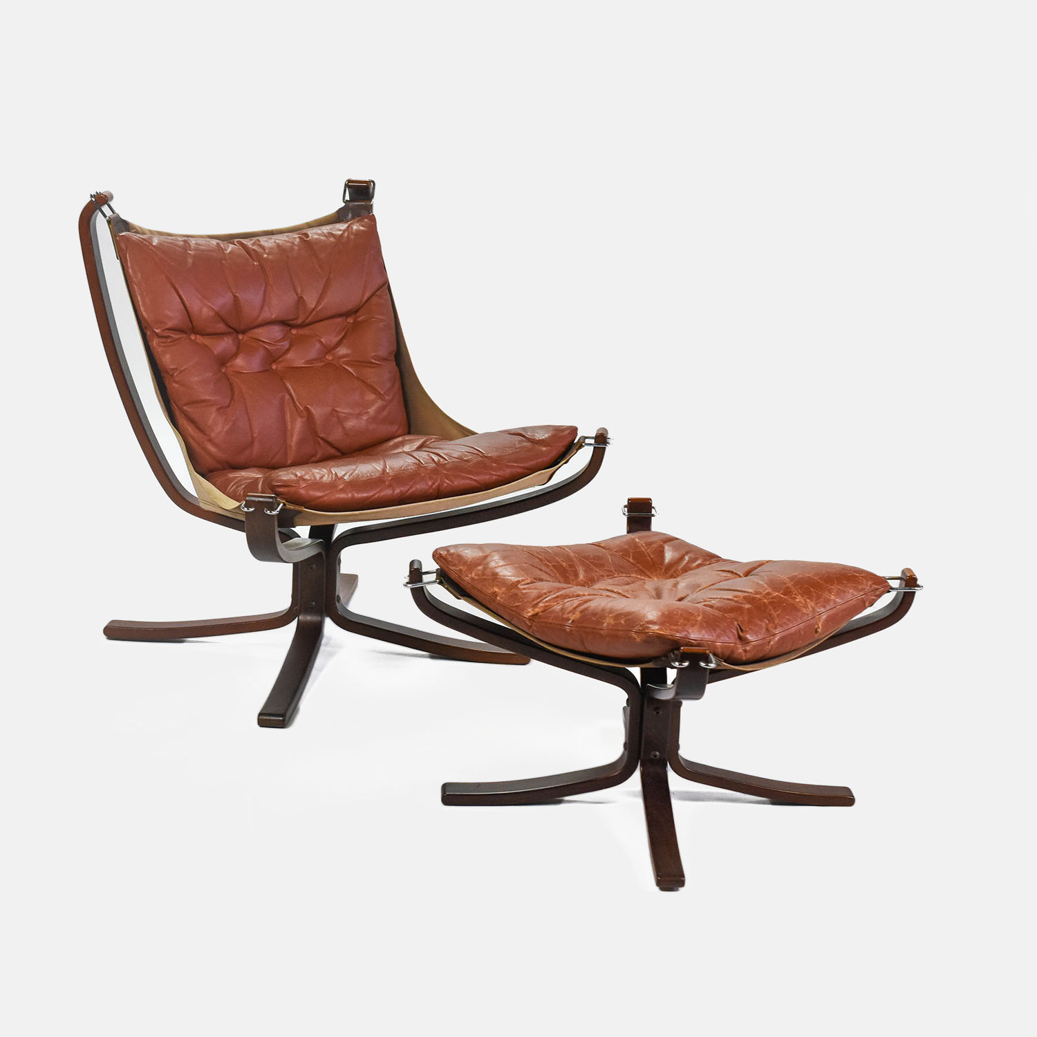 Sigurd Ressell Wood and Leather Falcon Lounge Chair with Ottoman