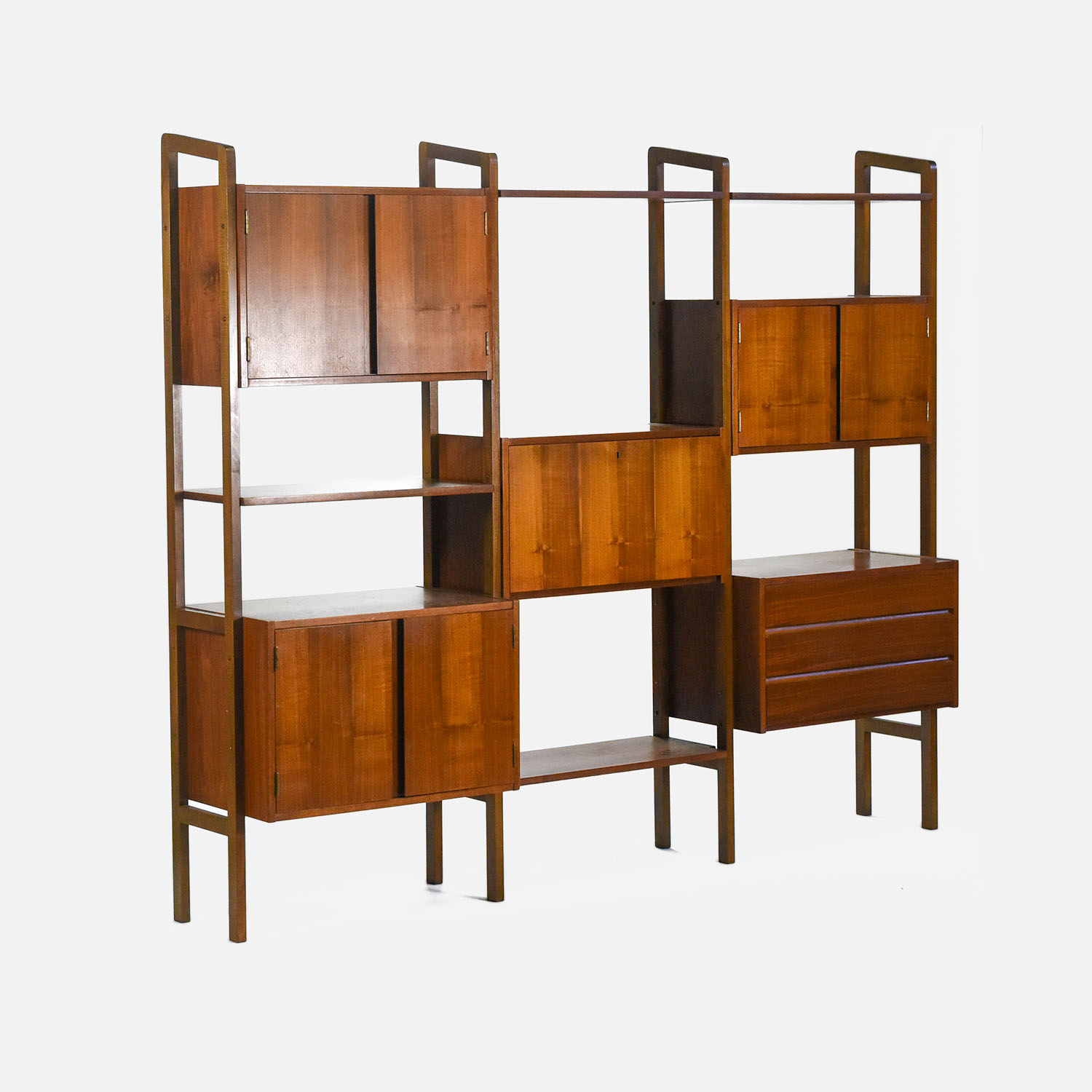 1960s Danish Modern MCM Walnut Room Divider Wall Bookshelf Desk