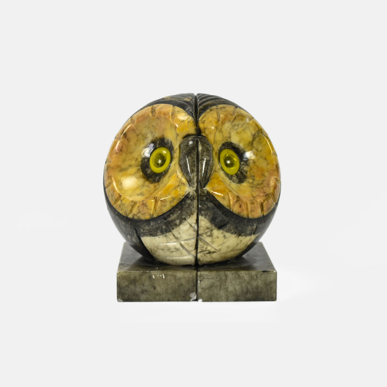 Carved Alabaster Painted Marble Owl Book Ends