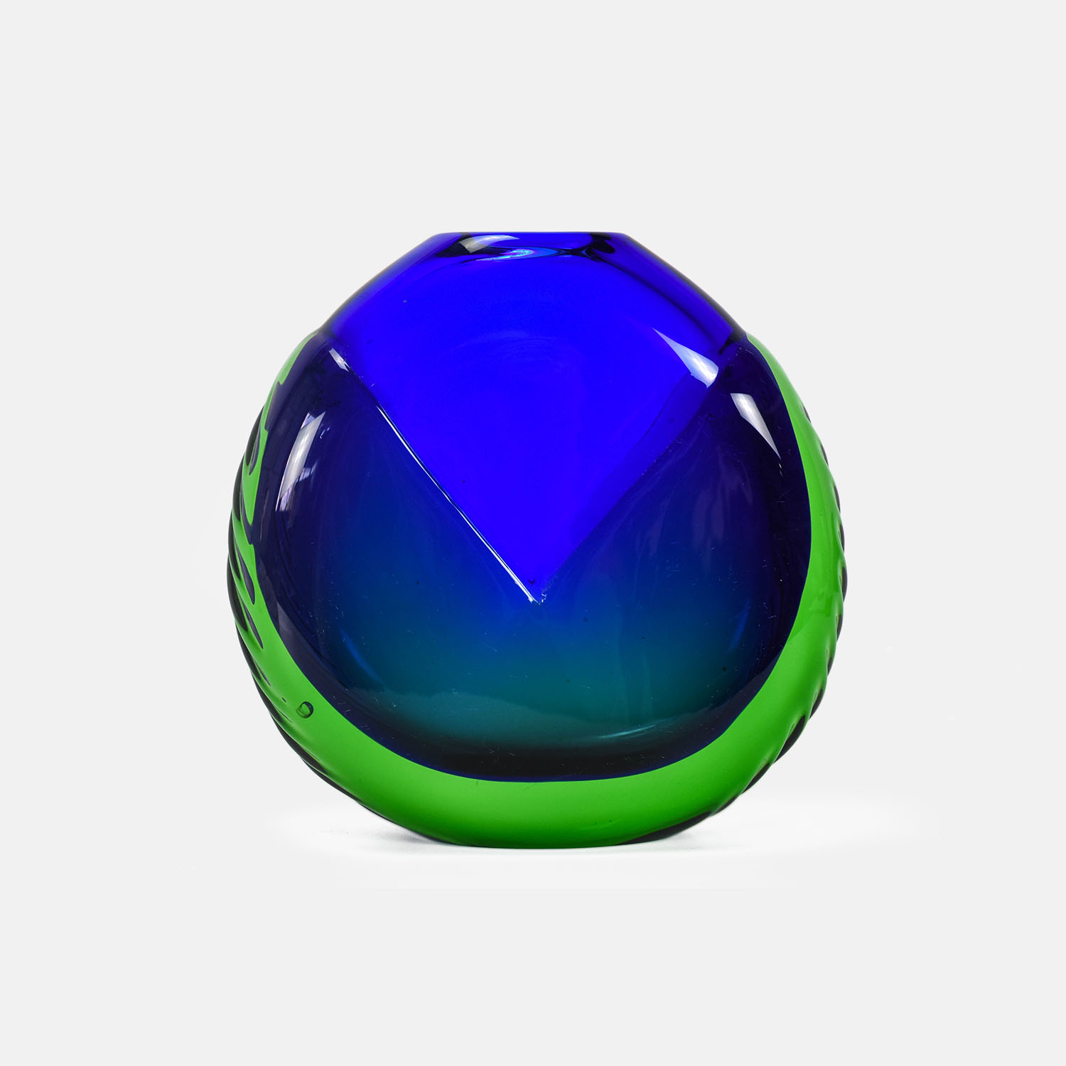 Round Blue and Green Signed Art Glass Vase