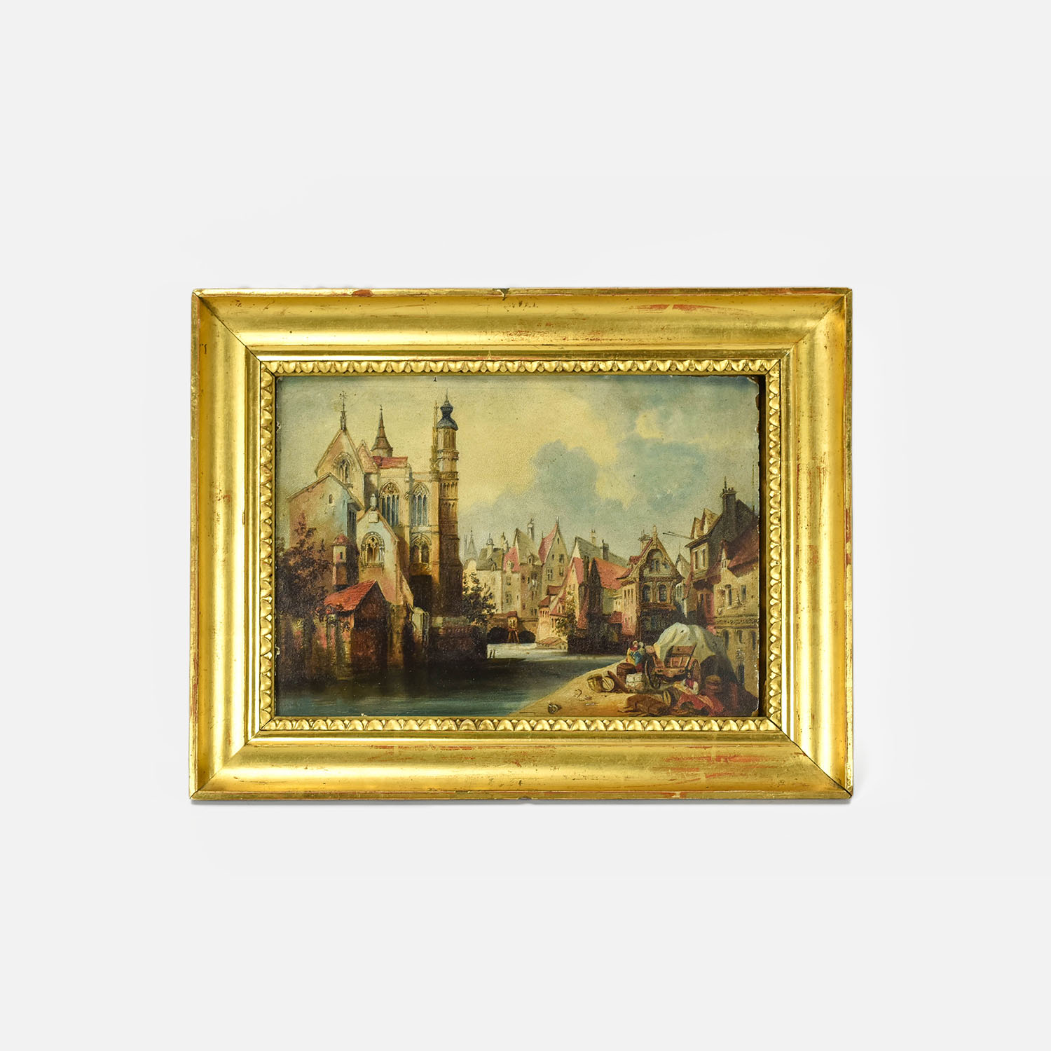 Antique European Cityscape Oil Painting on Board