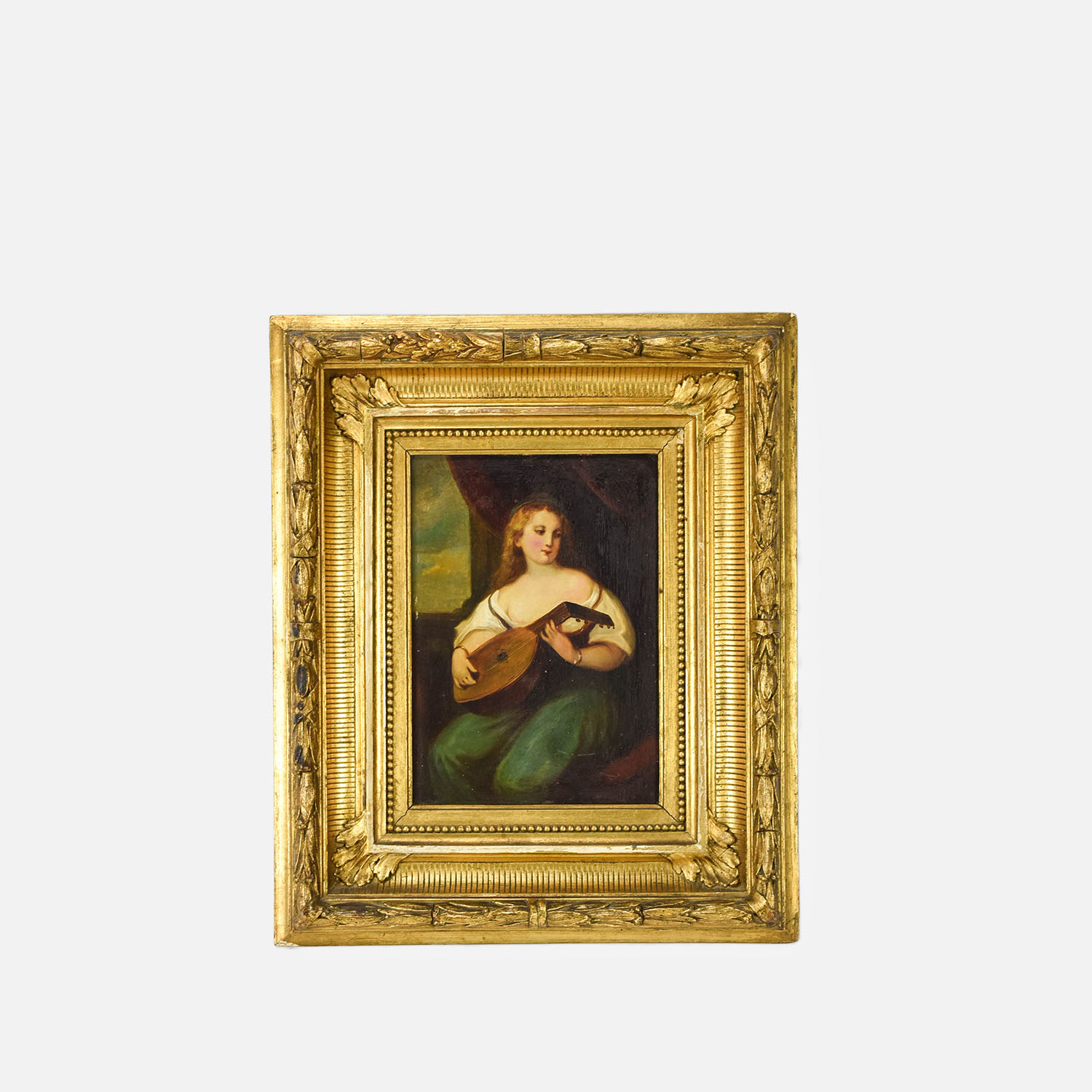 Antique 19thc Oil Painting on Board Renaissance Woman Playing Lute
