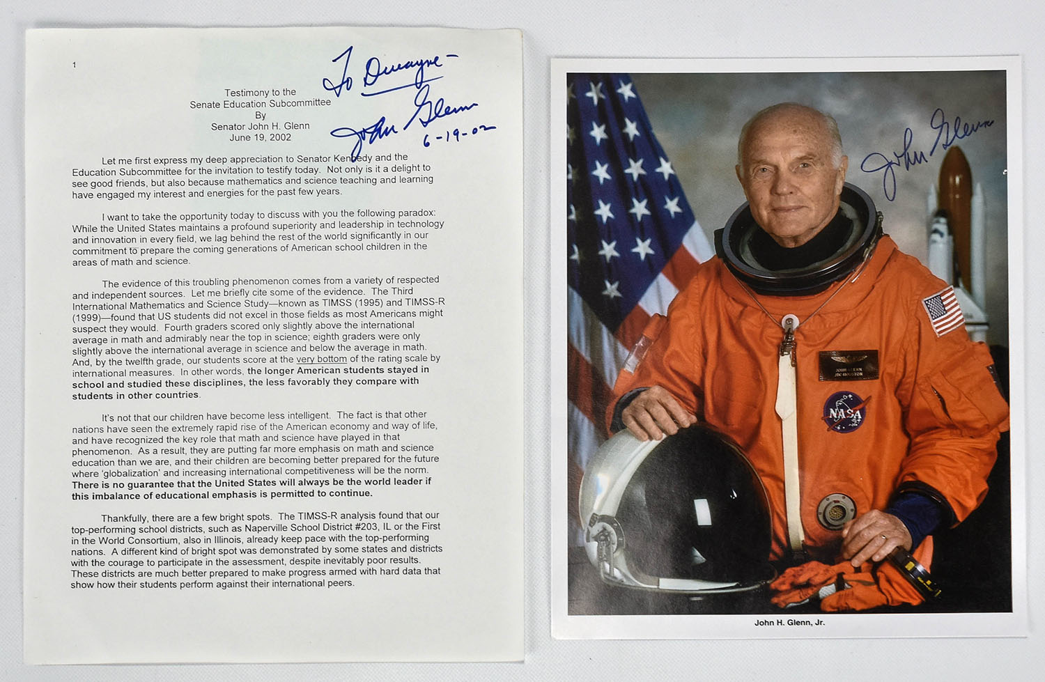 Col John Glenn Autographed Photo & Signed Paper