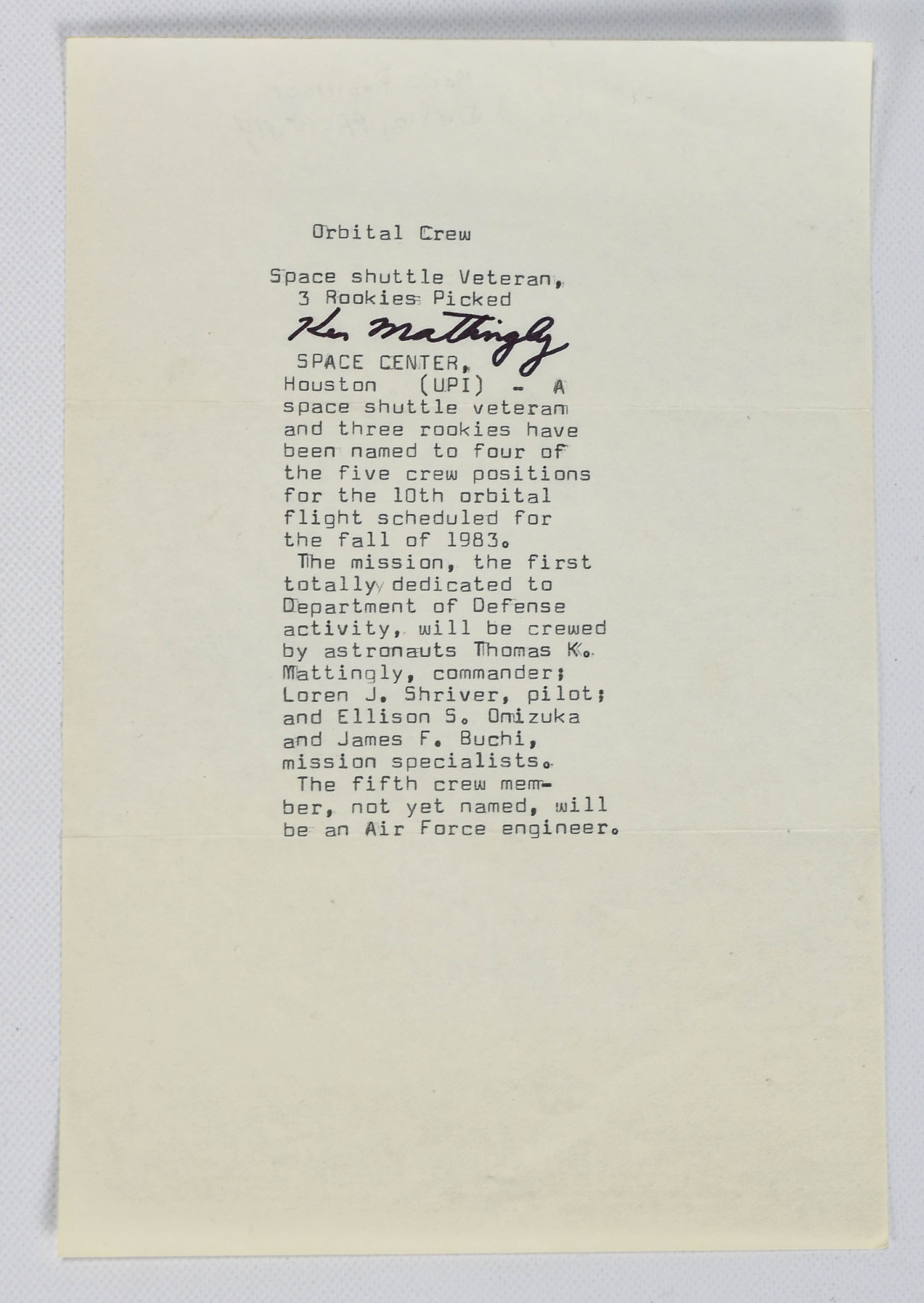 Ken Mattingly Nasa Astronaut Signed Press Release
