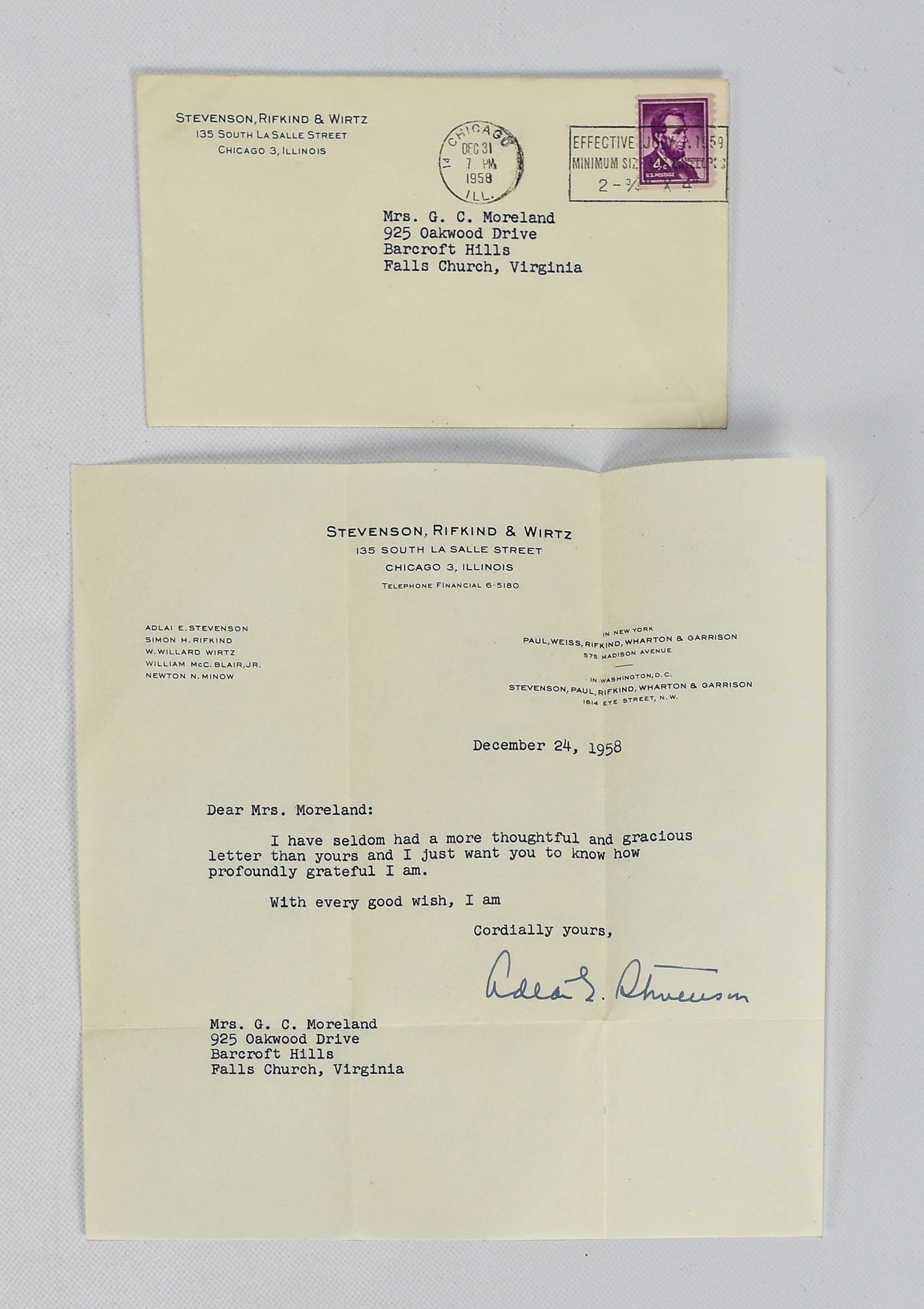 Adlai Stevenson 1958 Signed Chicago Law Firm Letter