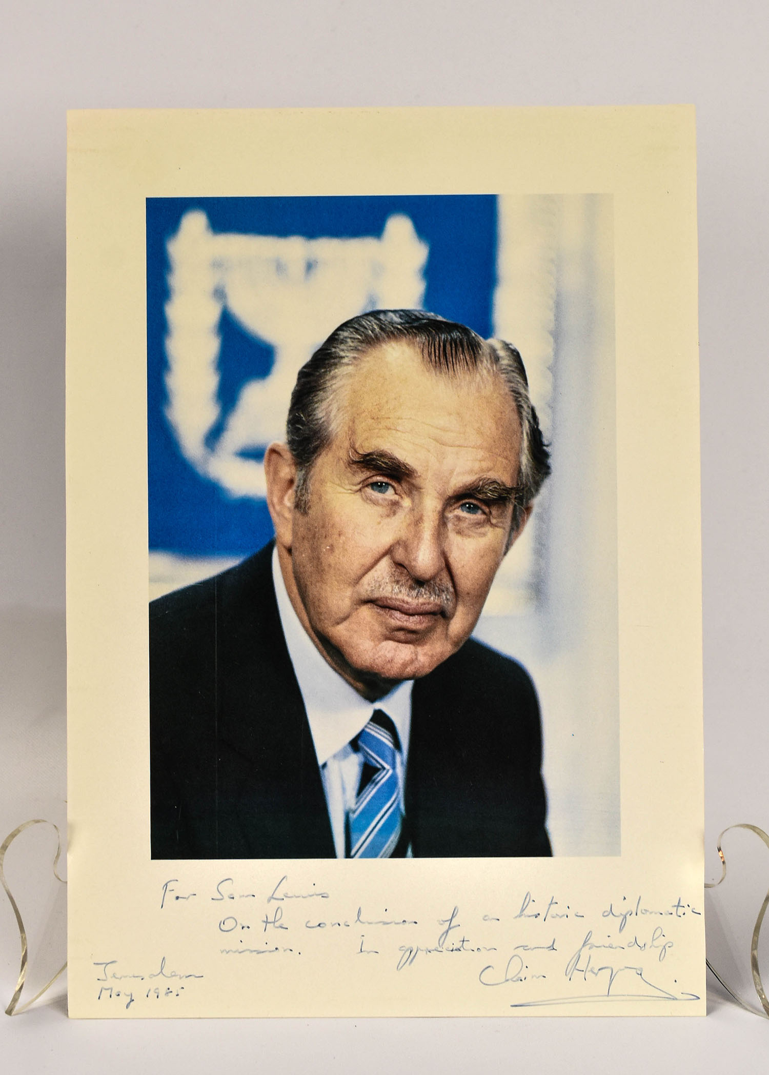 Chaim Herzog Inscribed Signed Photo to Sam Lewis