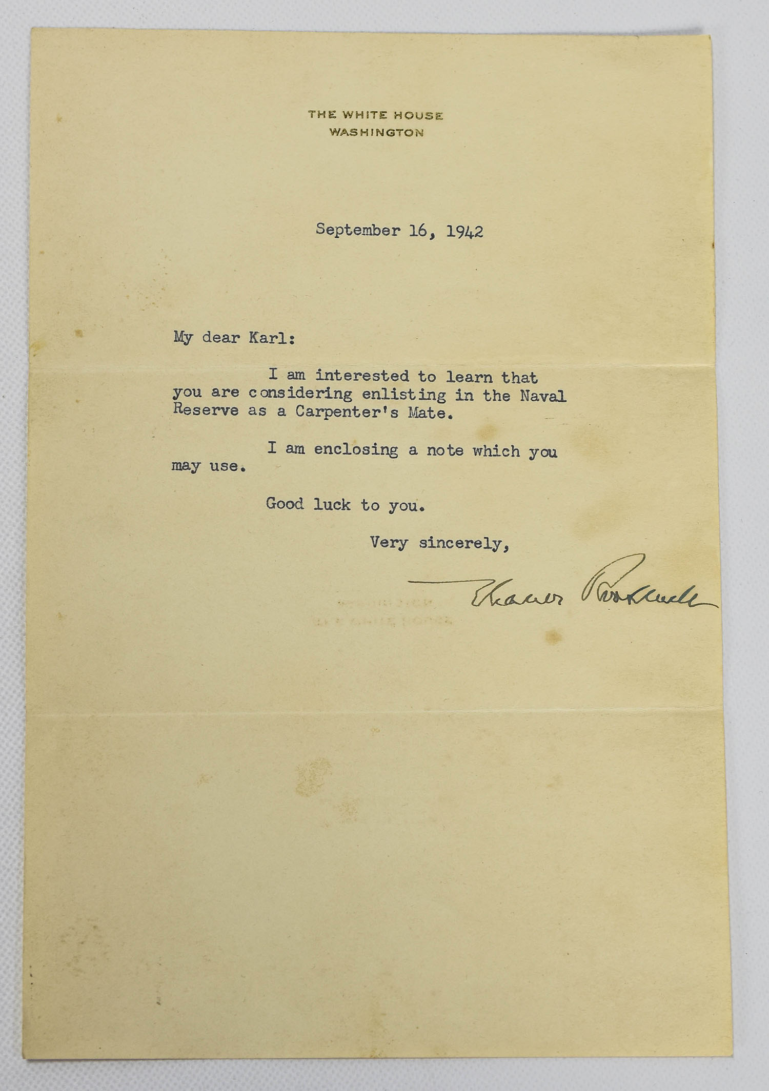 First Lady Eleanor Roosevelt Ink Signed 1942 Letter