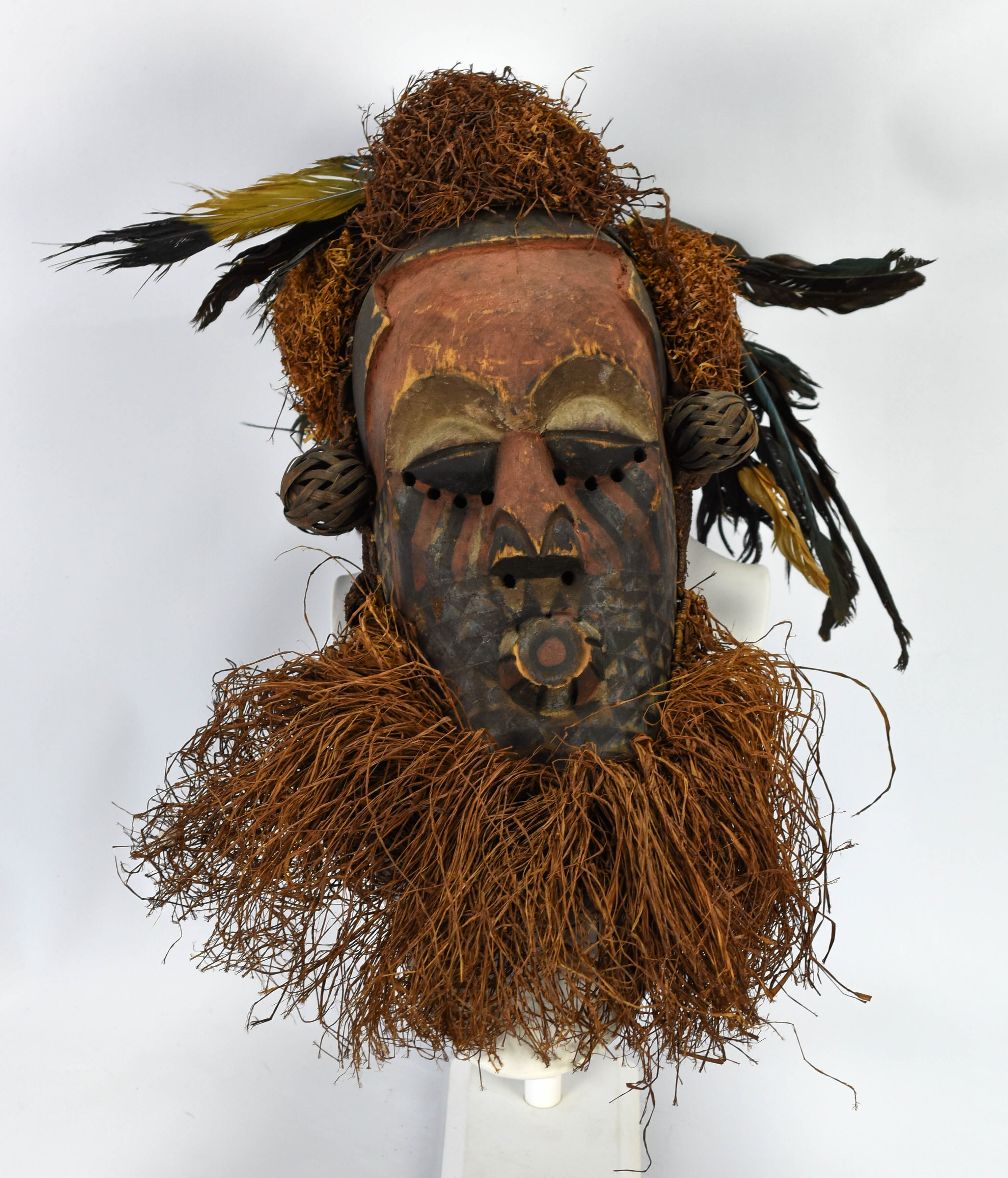 Old DROC Kuba Carved Wood Feather and Raffia Mask