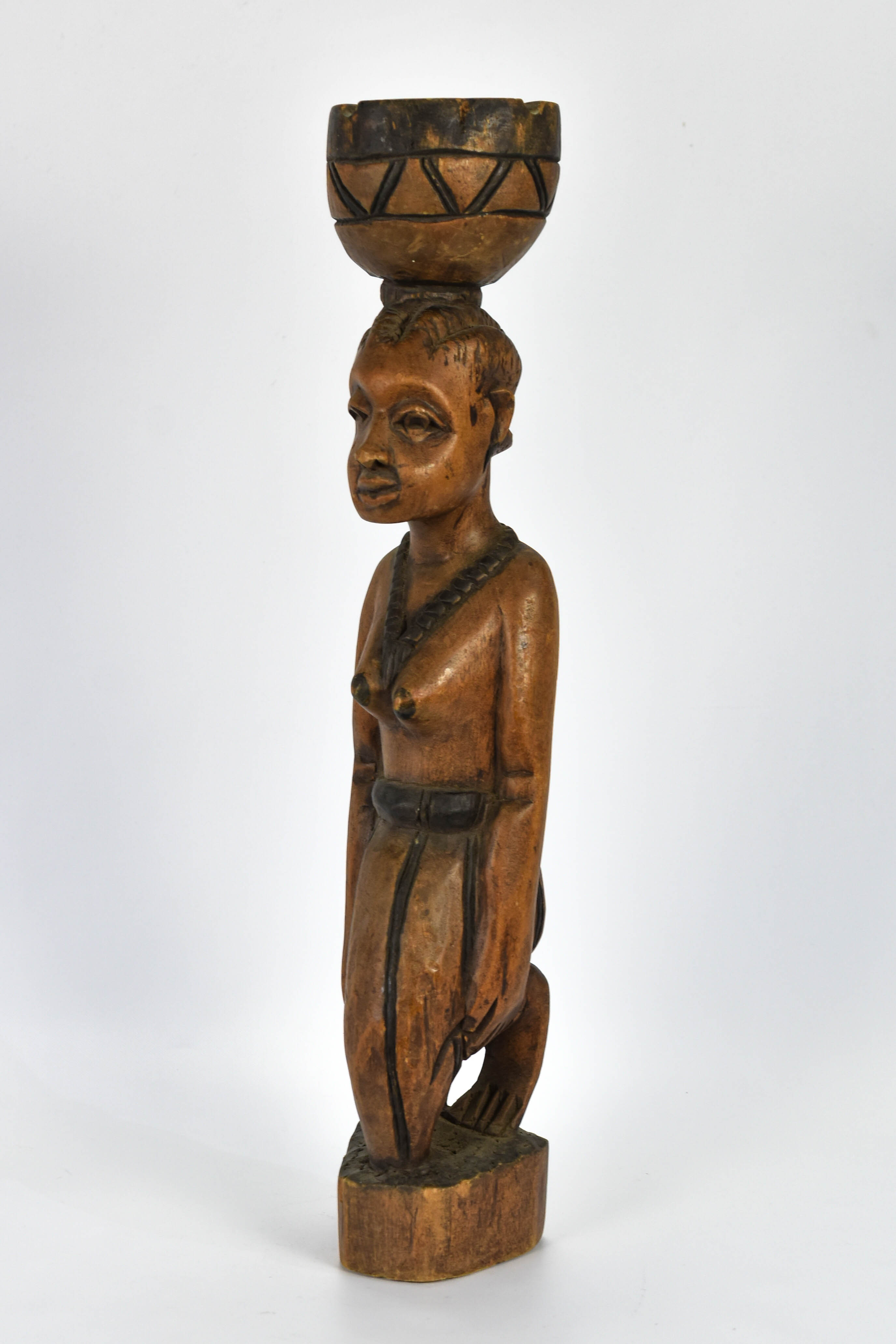 African Solid Carved Wood Female Kneeling Statue