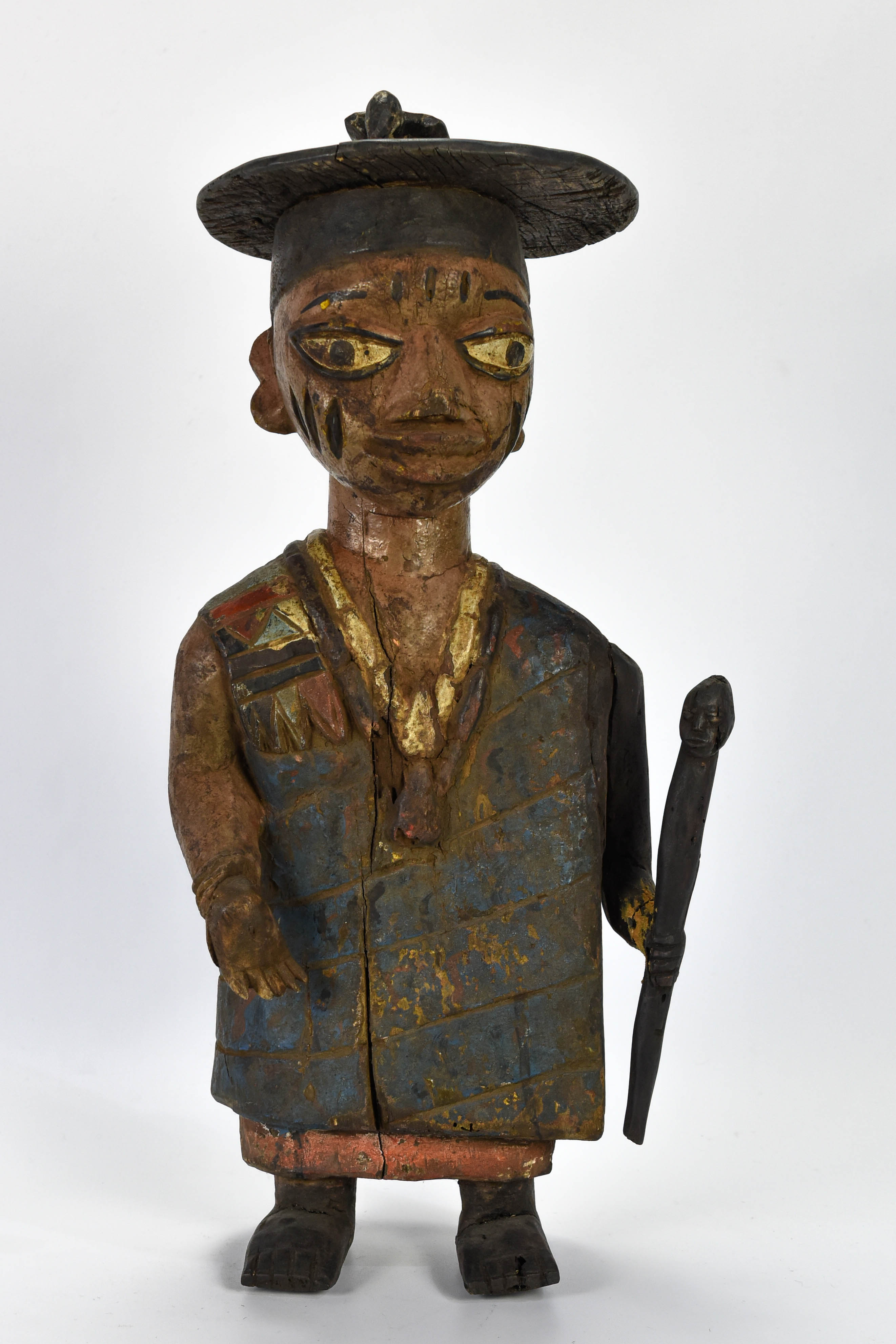Old Carved Painted Wood Yoruba Male Priest Statue