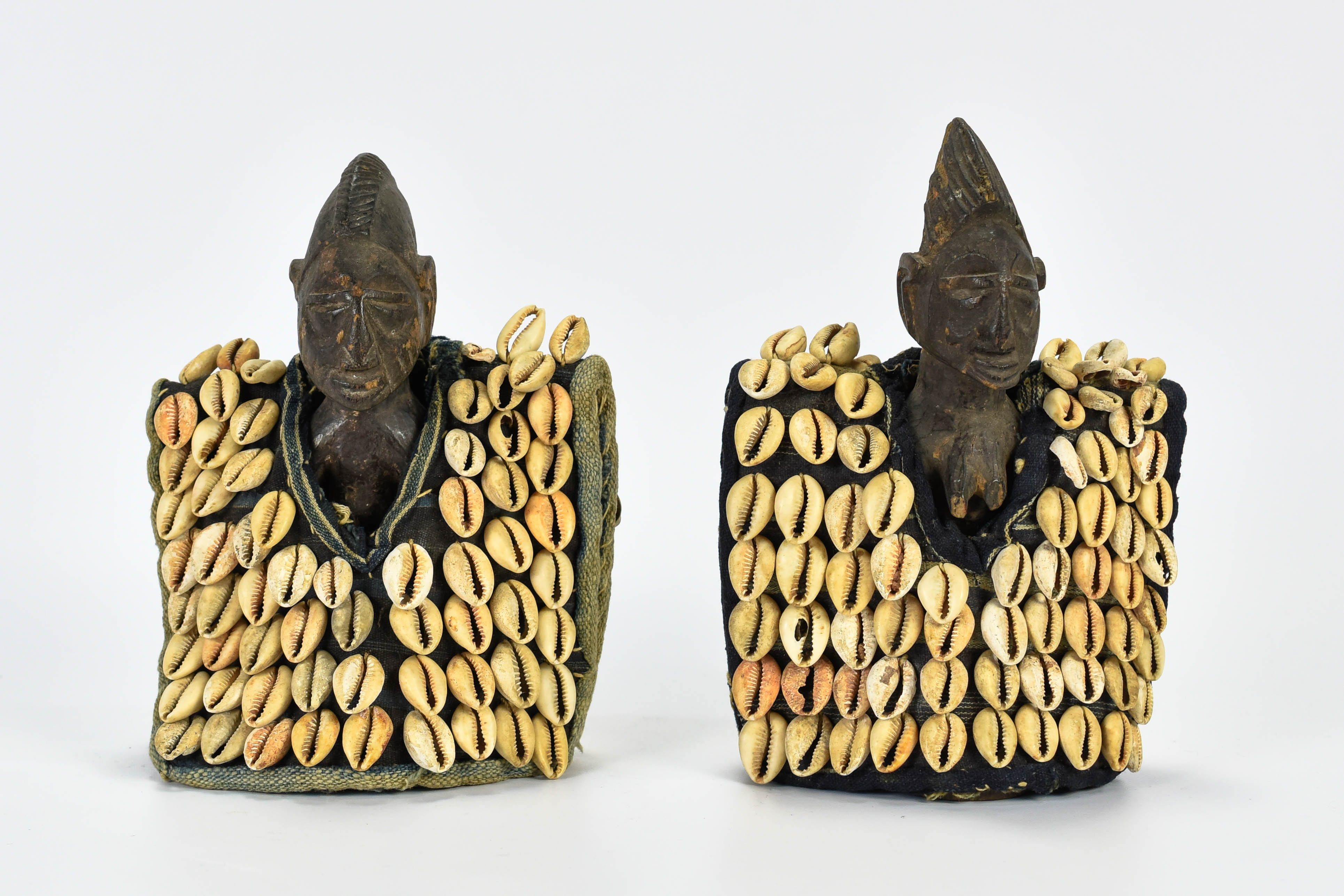 Pair Carved Wood Cowrie Shell Ibeji Couple Twins