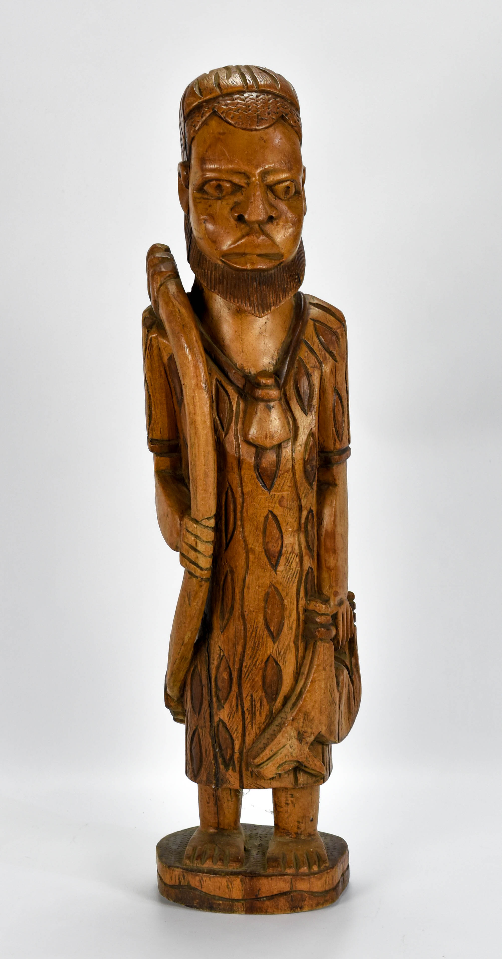 African Hardwood Carving Chief Hunter Leopard Skin