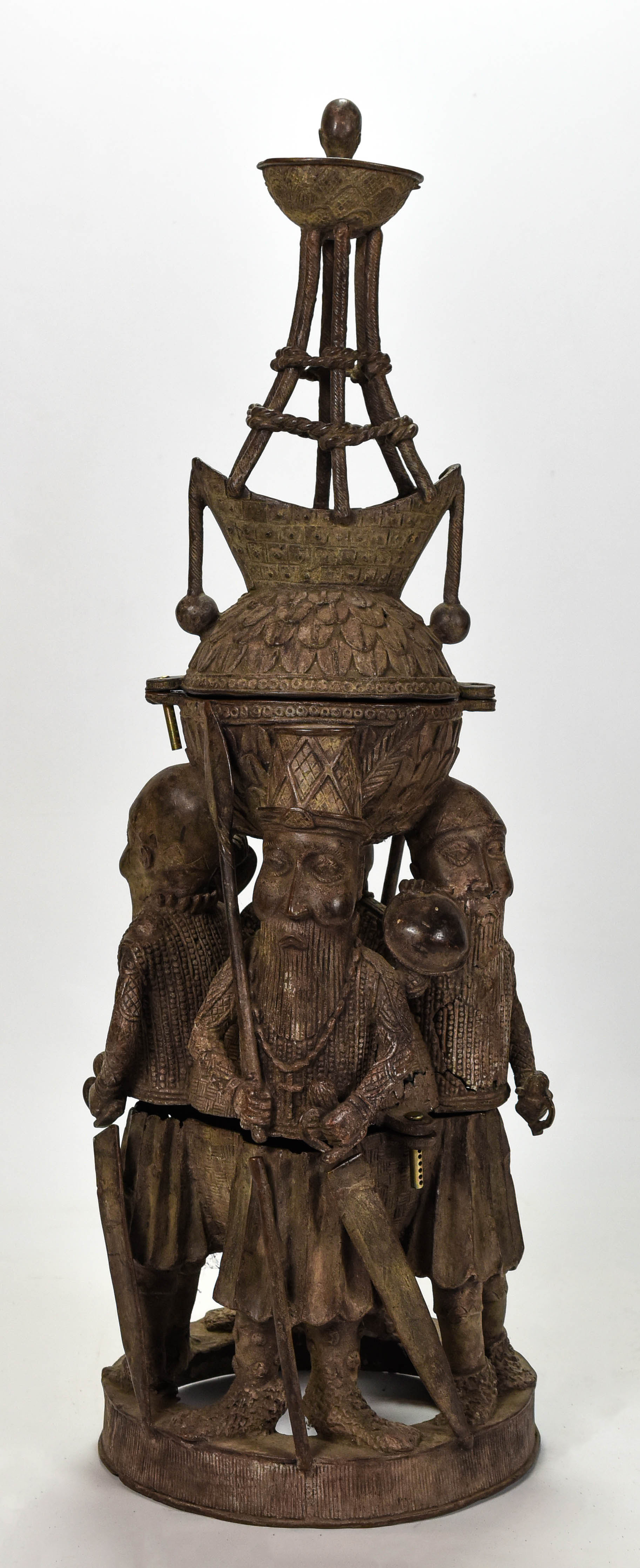 Bronze Benin Saltceller Form 3-Pc African Sculpture