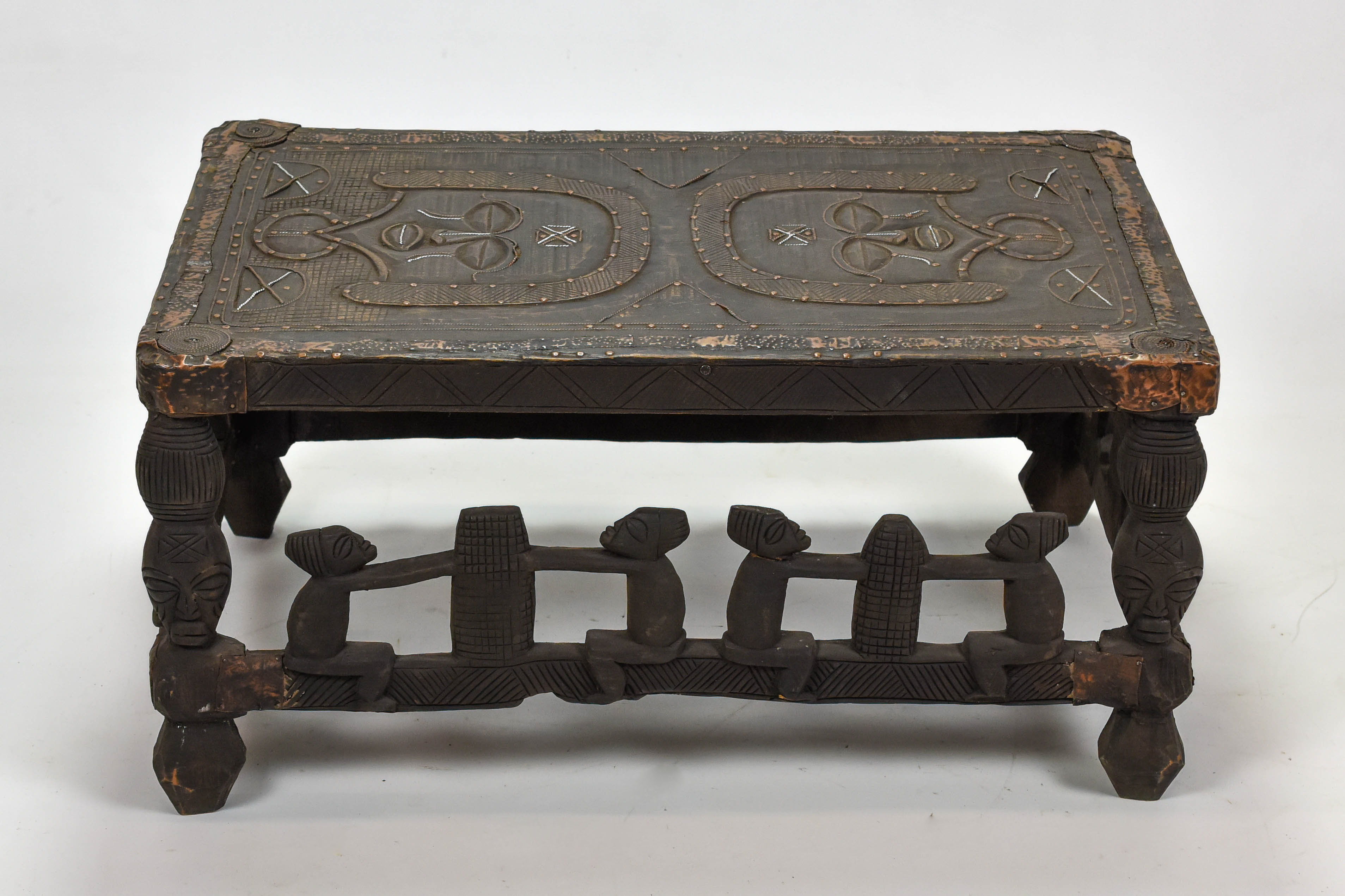 African Figural Carved Wood & Copper Low Table