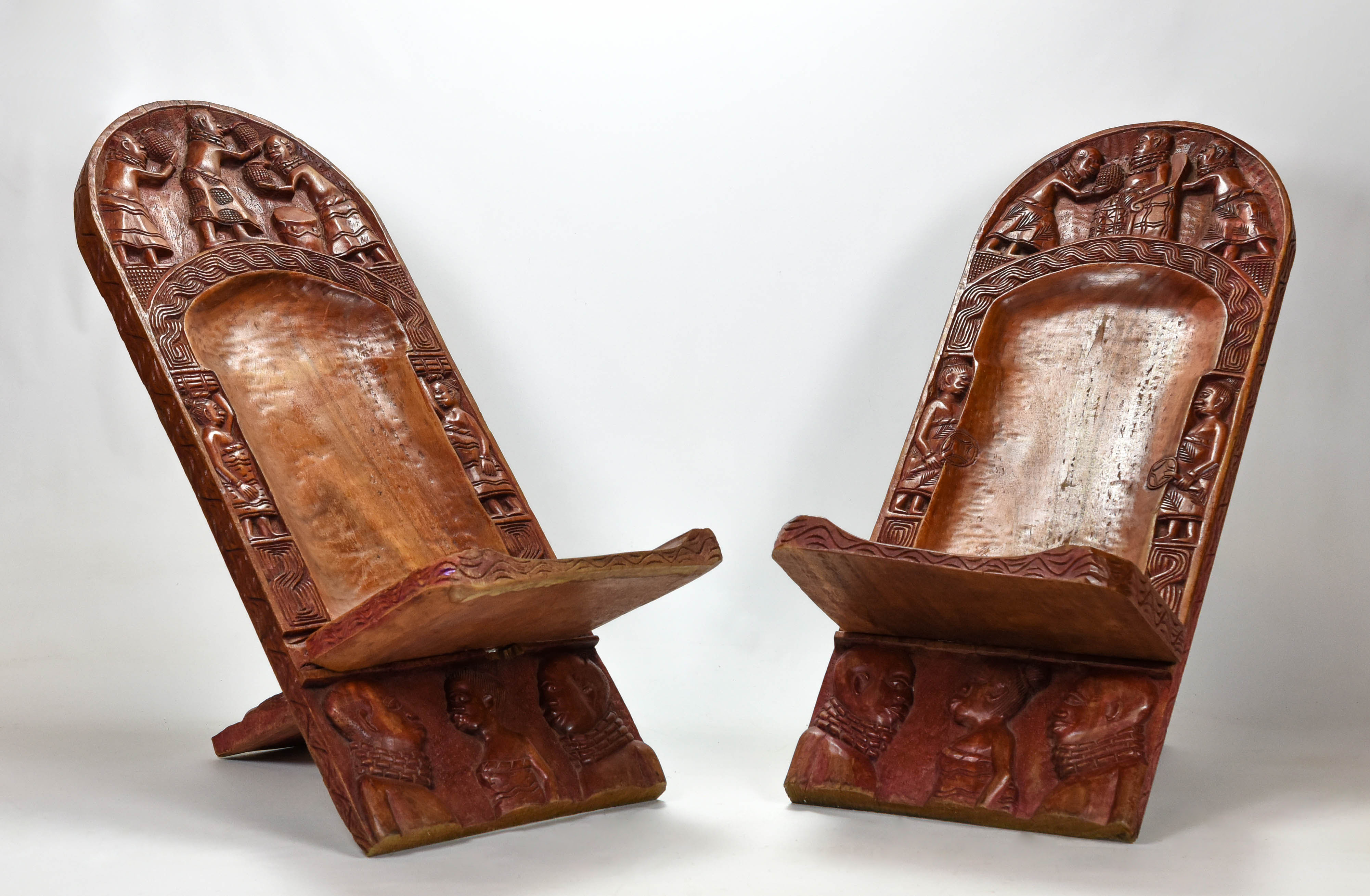 Pair African Chokwe Carved Wood Plank Chairs