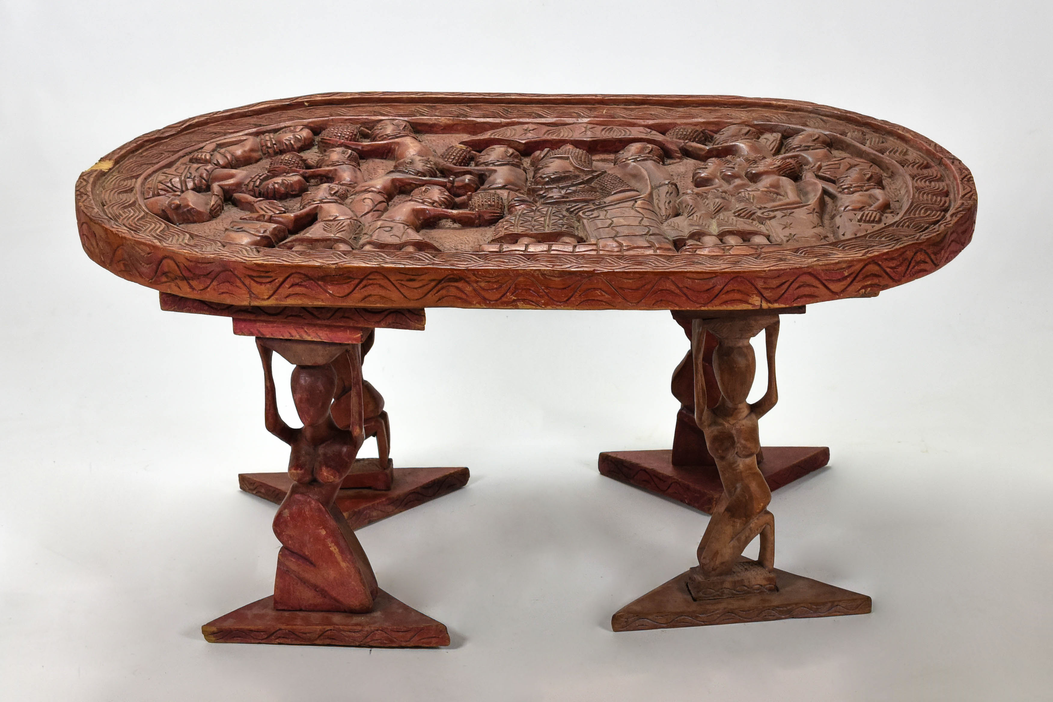 African Chokwe Carved Wood Oval Low Table