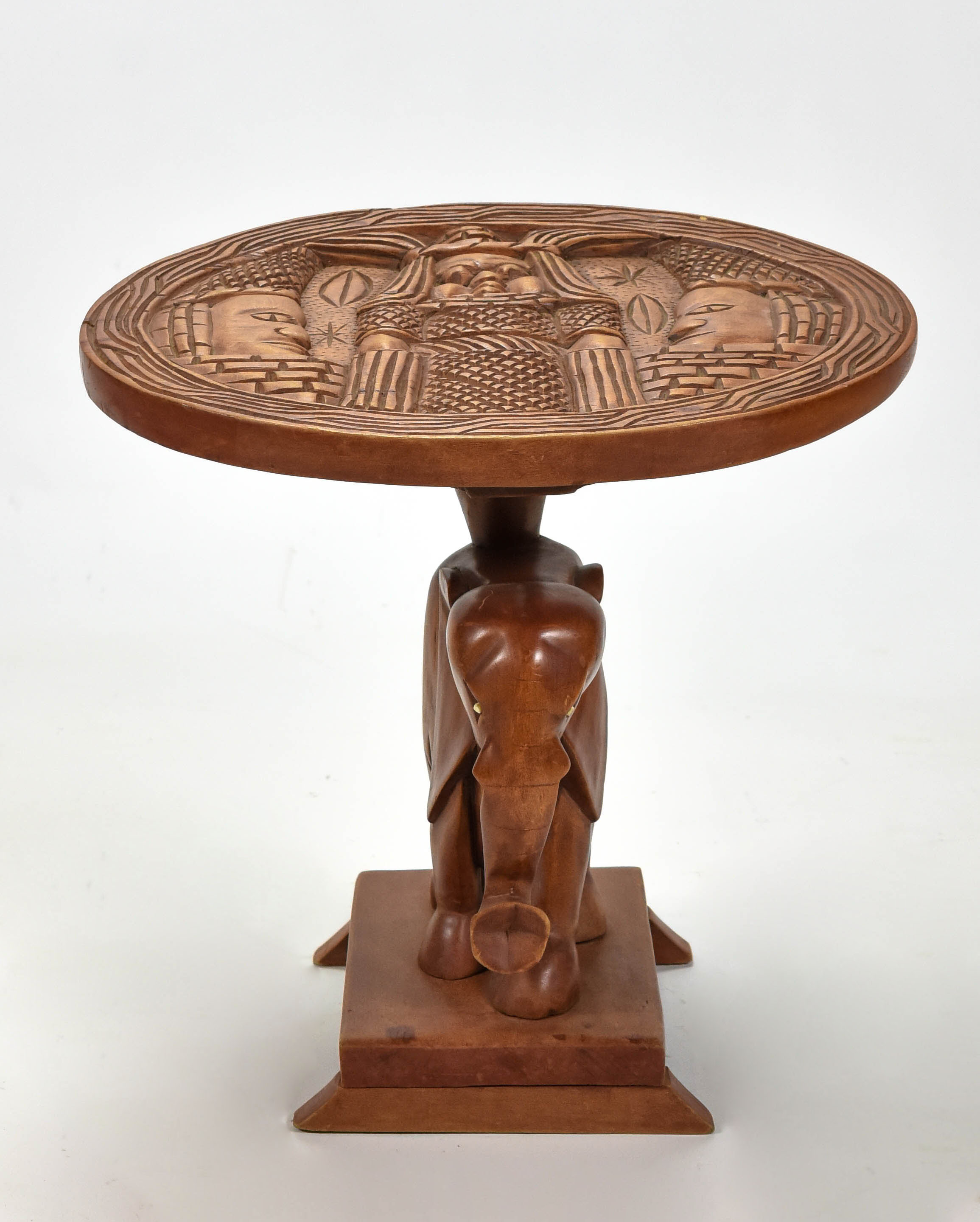 African Carved Wood Side Table Elephant Base