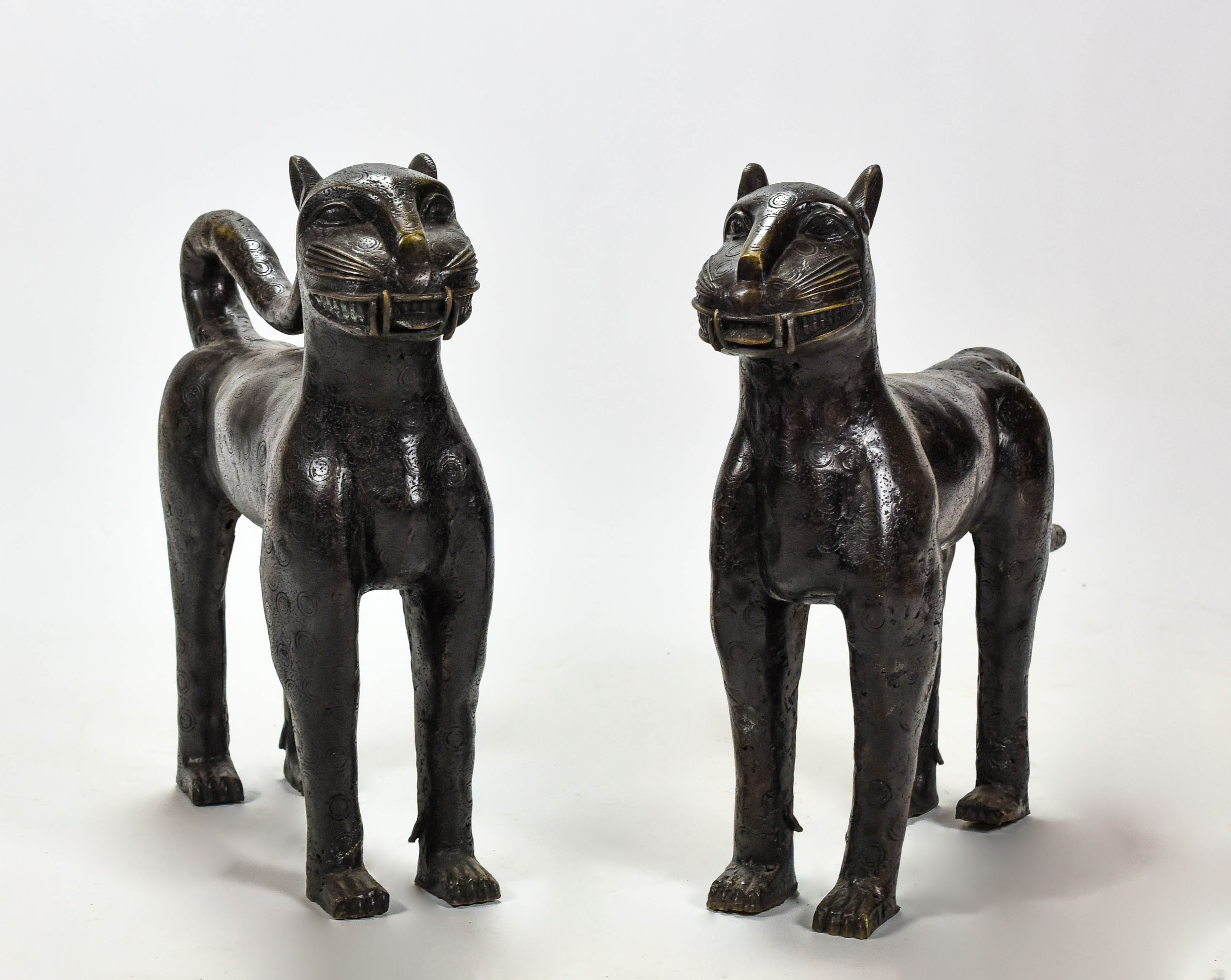 Benin Royal Leopard Bronze Sculpture Pair Statues