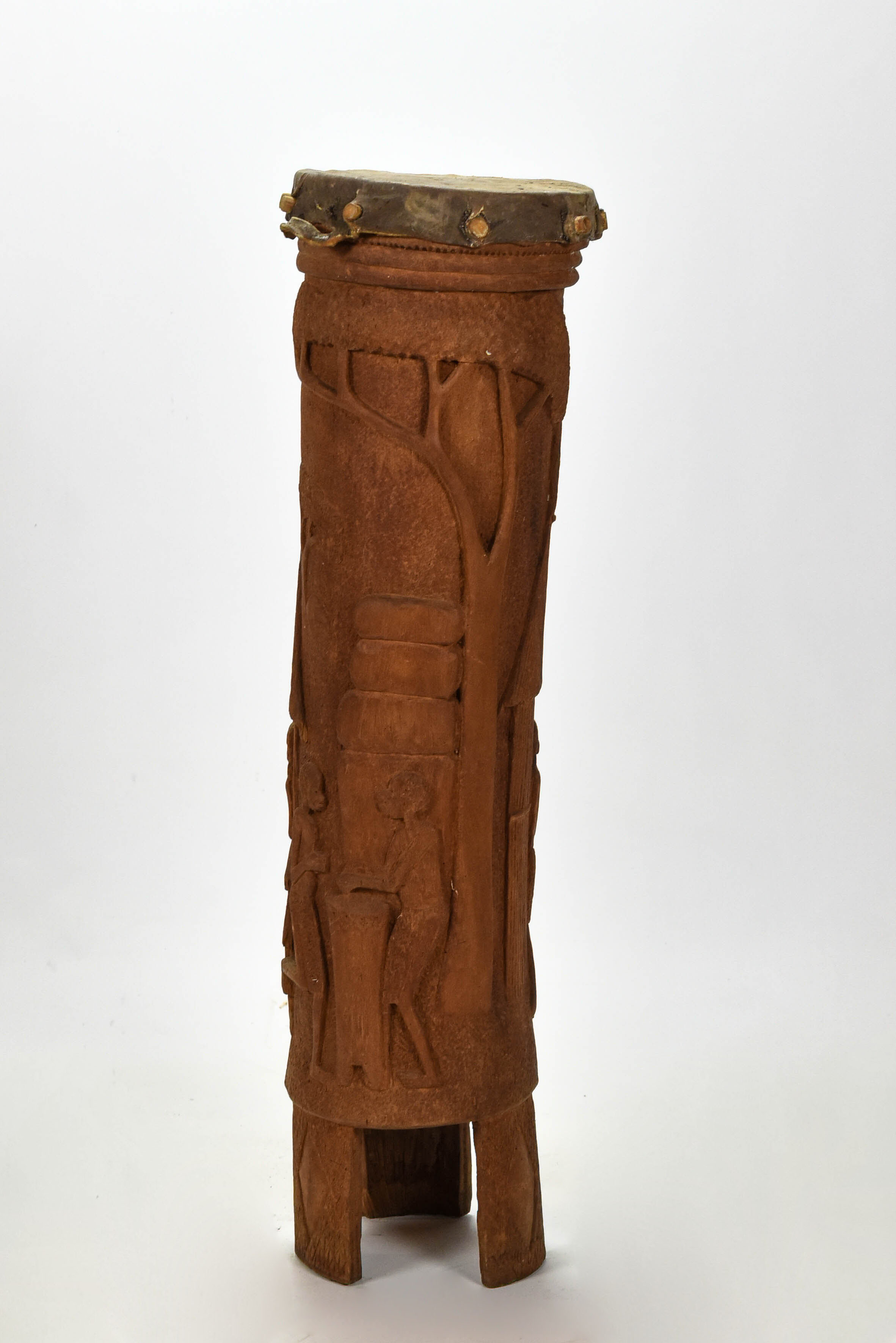 Old African Carved Wood and Skin Tall Drum