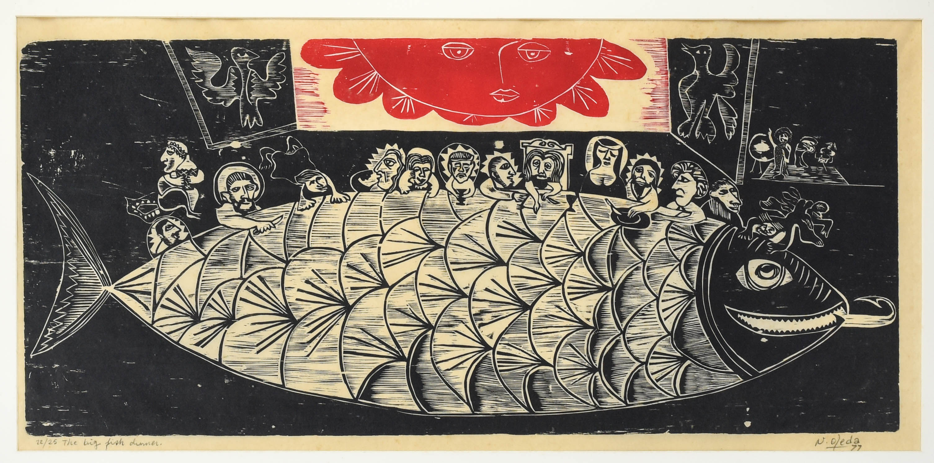 Naul Ojeda The Big Fish Dinner Original Woodcut on Paper