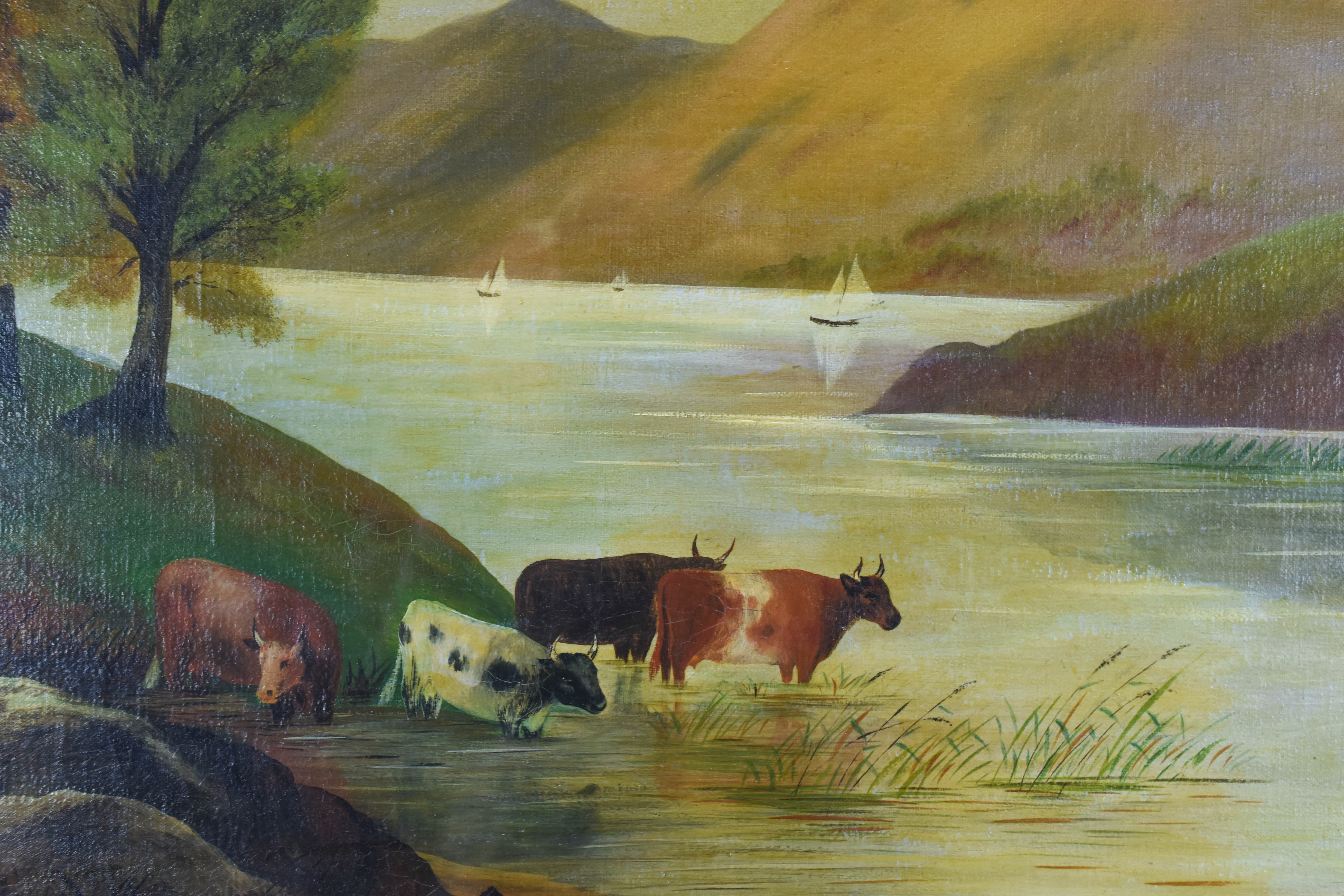 Antique 19thC Folk Art Oil Painting Cows in a River