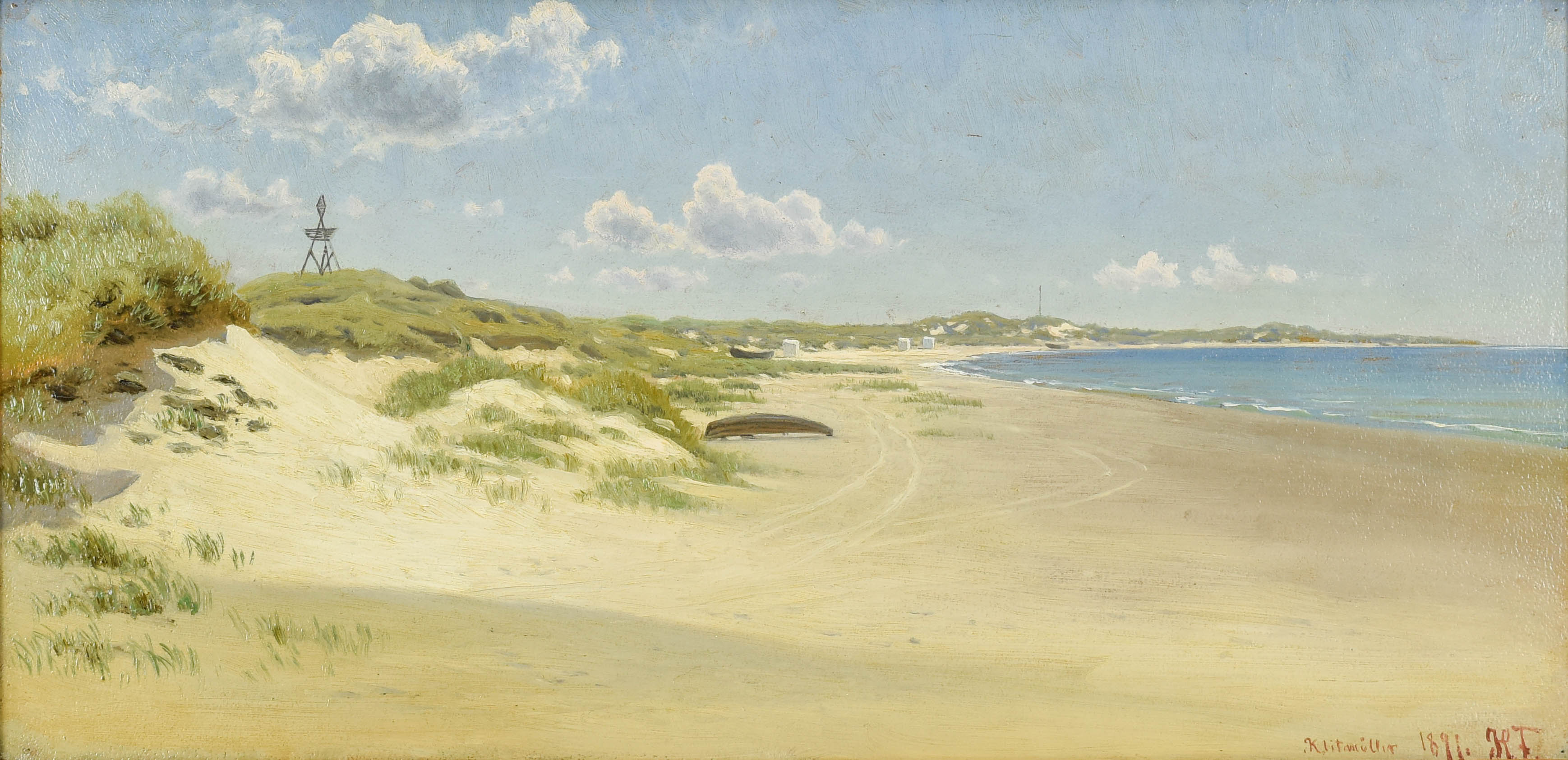 Antique 1891 Klitmuller Beach Seascape Oil Painting Signed H.F.