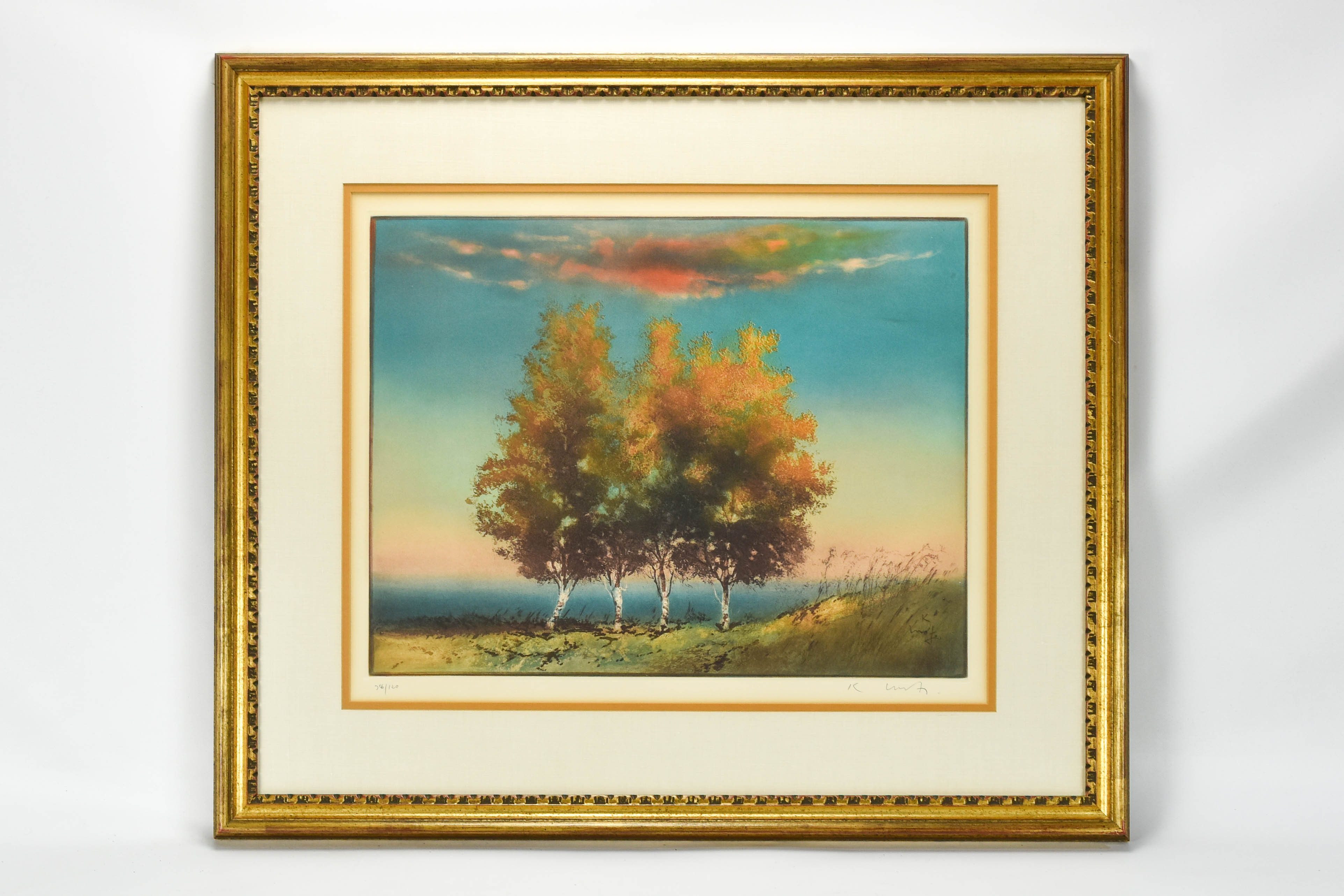 Large Original Kaiko Moti Aquatint Print Autumn Tree and Sky