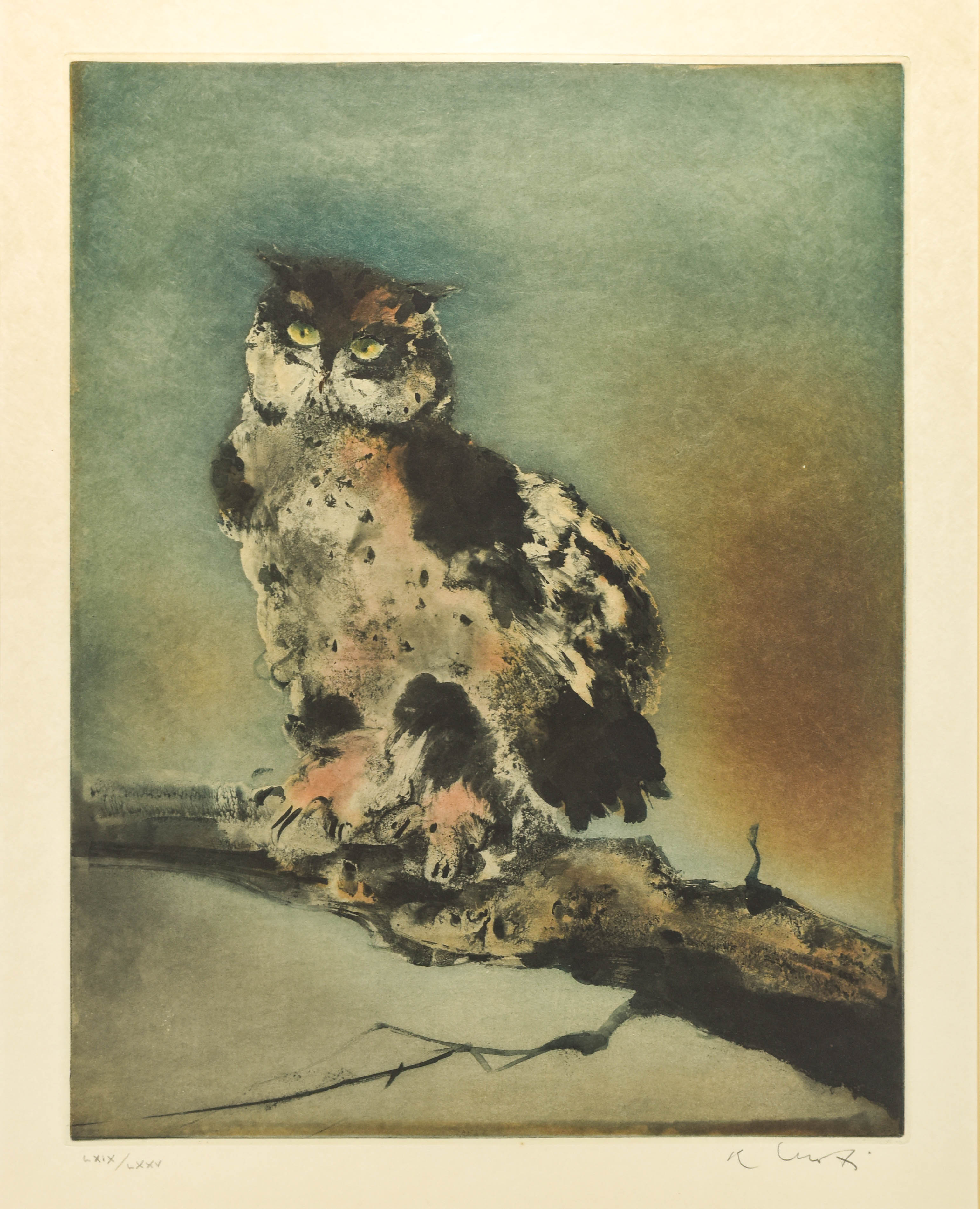 Large Original Kaiko Moti Aquatint Print Owl on Tree Branch