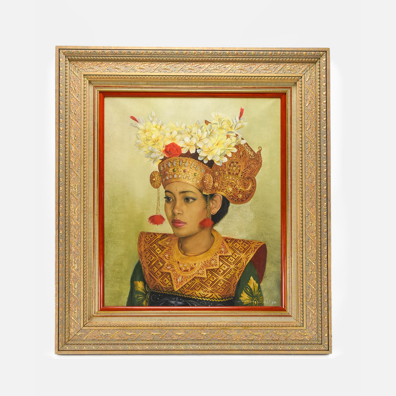 1990 Beautiful Woman in Balinese Headdress Oil Painting