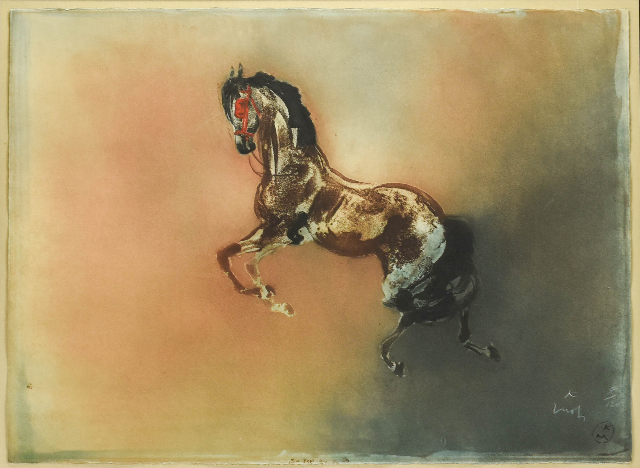 Large Original Kaiko Moti Aquatint Print Rearing Horse