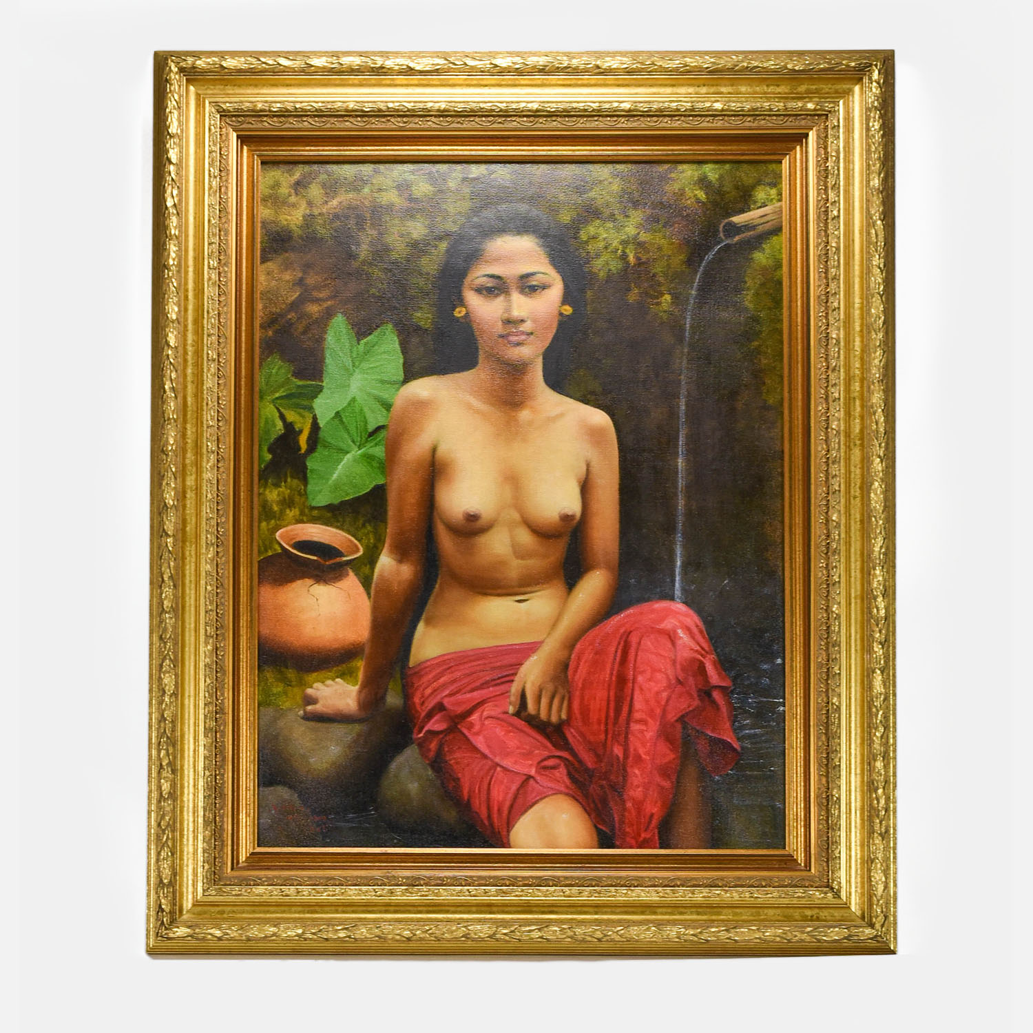 Beautiful Native Bali Nude Girl Oil on Canvas 1991 Large Painting