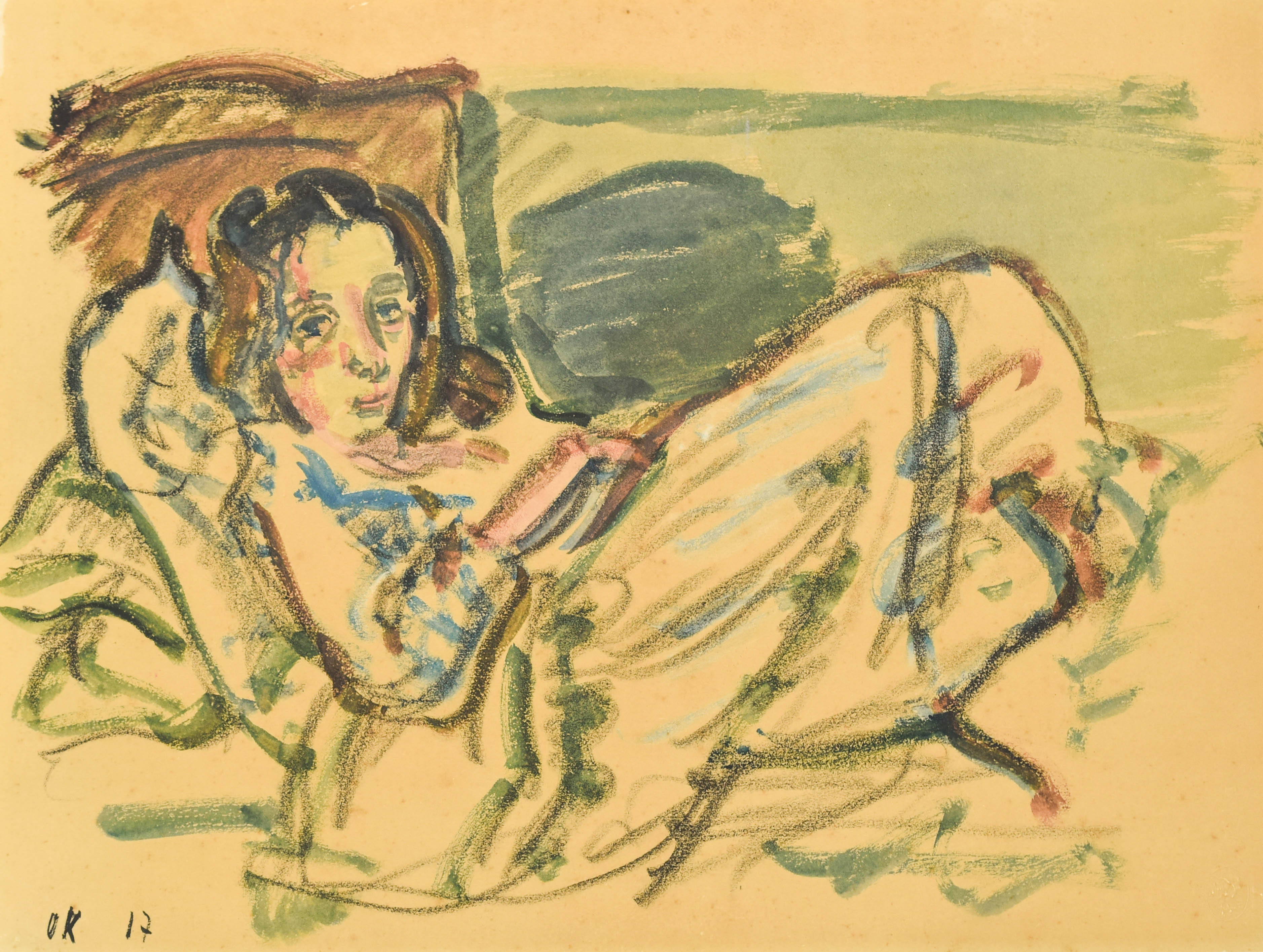 Original 1917 Signed Expressionist Watercolor Painting Reclining Woman