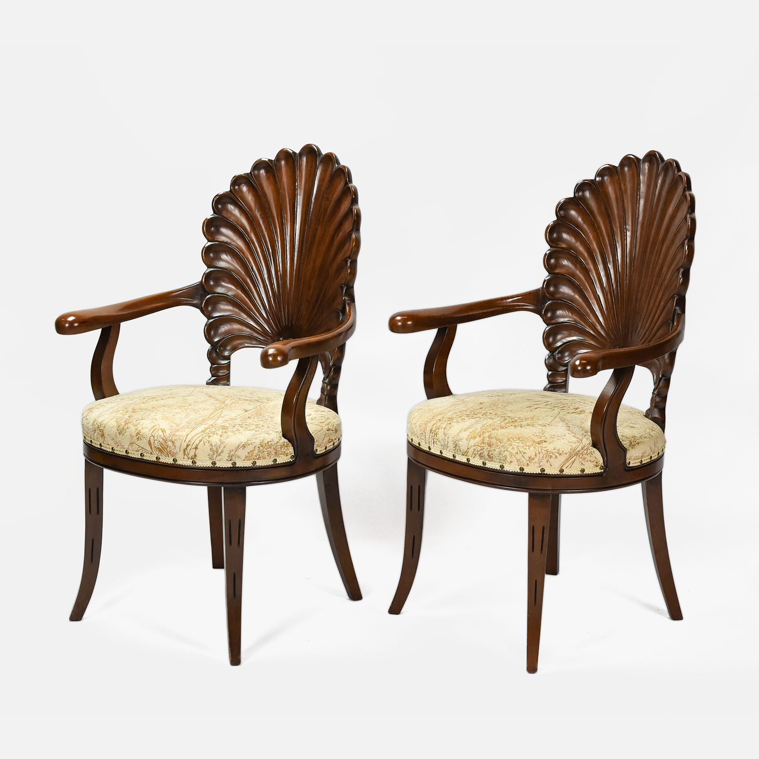 Pair Carved Walnut Grotto Shell-Back Arm Chairs
