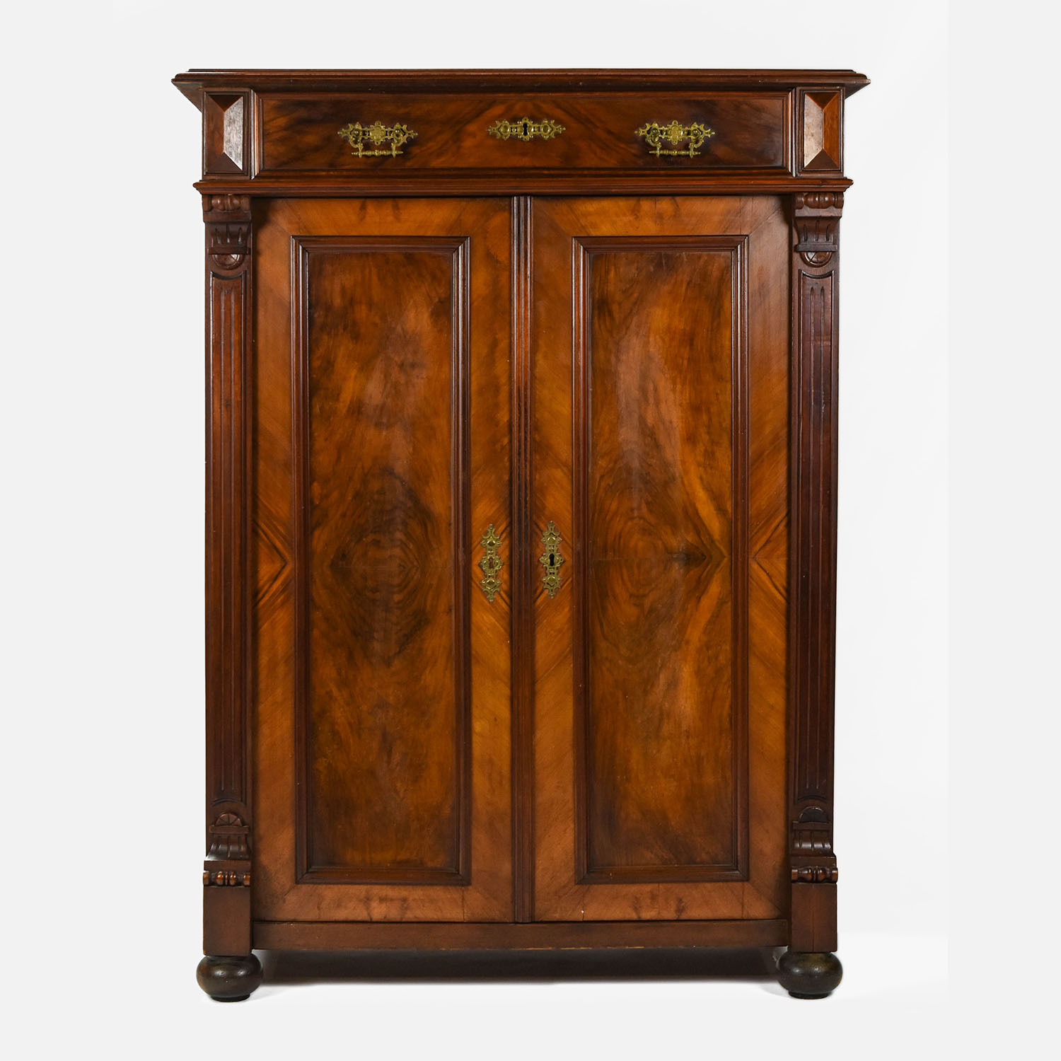 Antique 19c American Walnut Veneer Two Door Cabinet