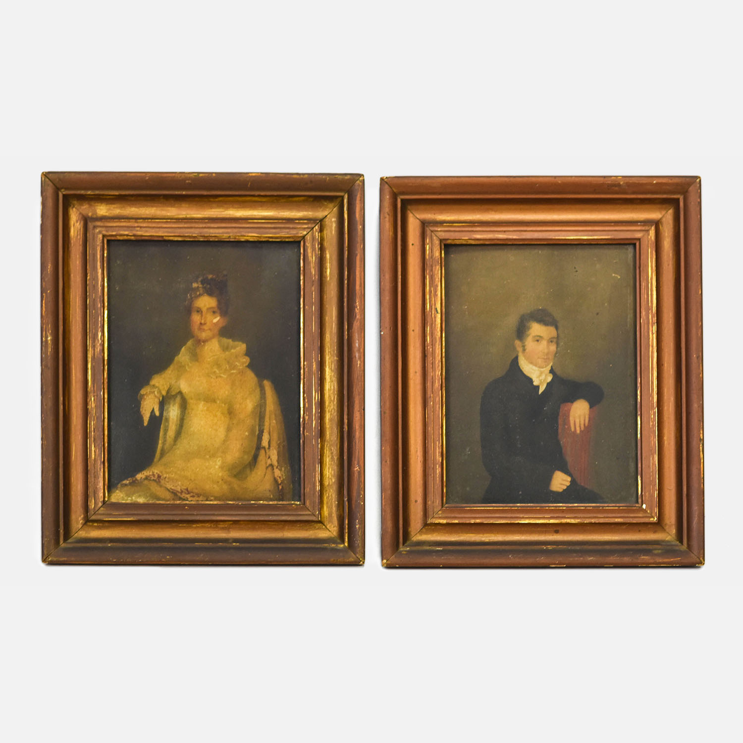 Antique 1840s Folk Art Portrait Painting Pair