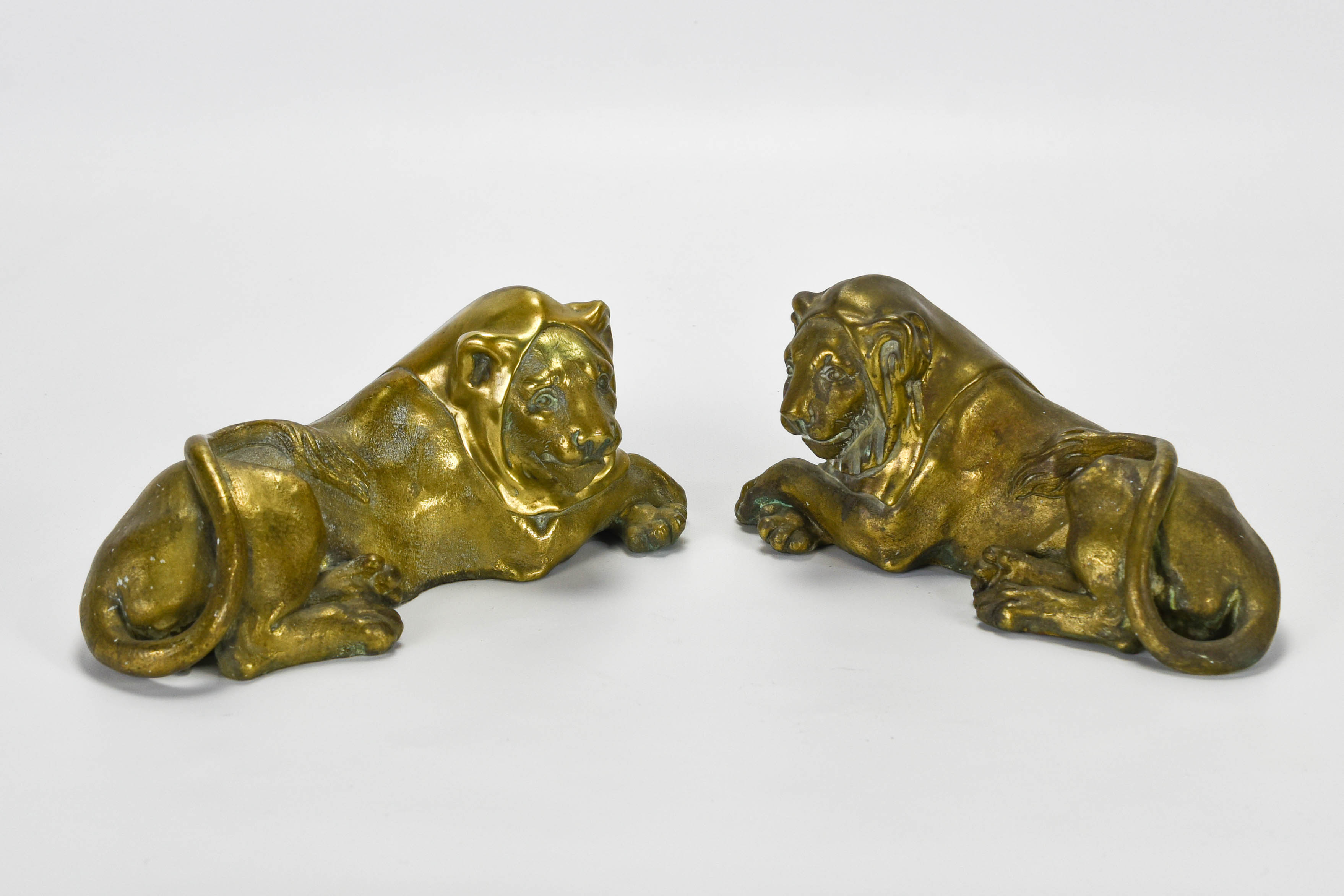 Pair Antique 19thC Recumbent Ormolu Bronze Lions