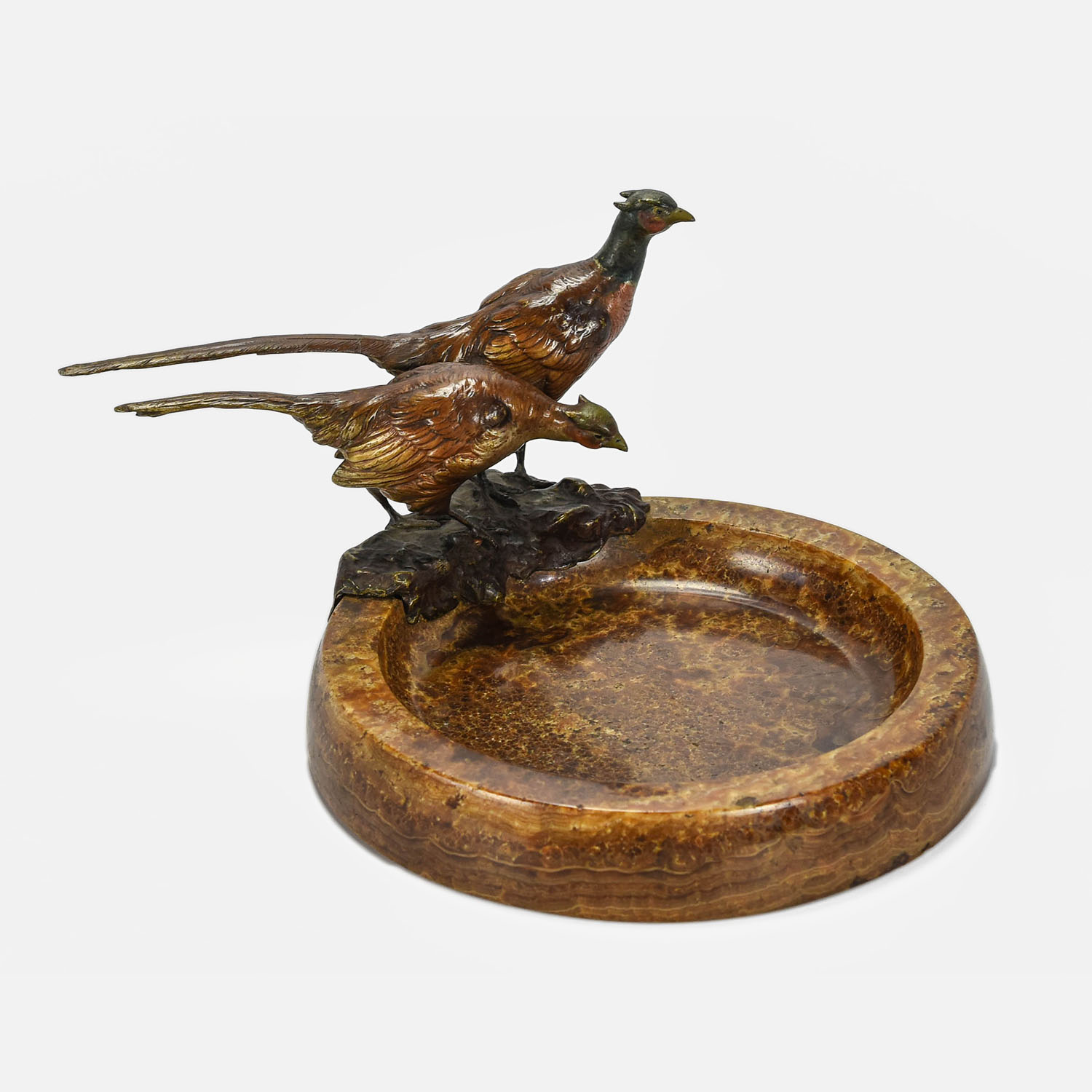Cold Painted Bronze Pheasants on Golden Onyx Bowl