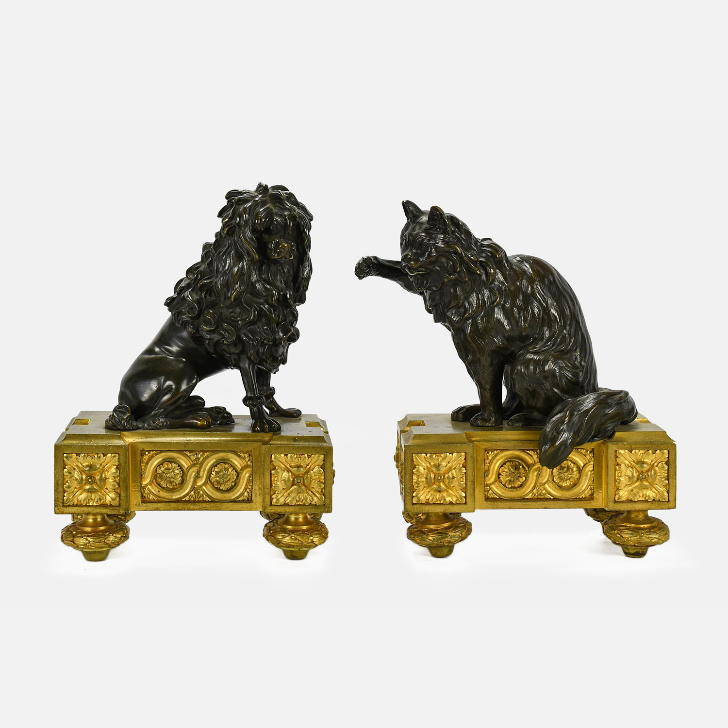 Pair Antique 19thC French Bronze Dog and Cat Chenets
