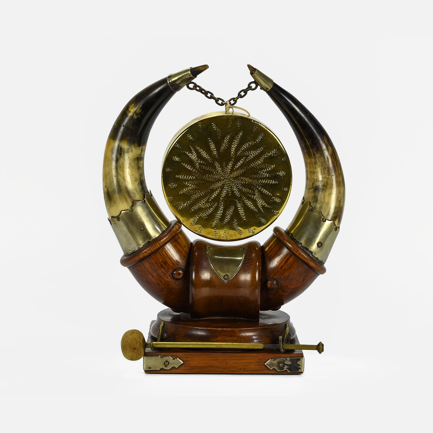 Antique Scotish Oak Nickel Mounted Cow Horn Gong