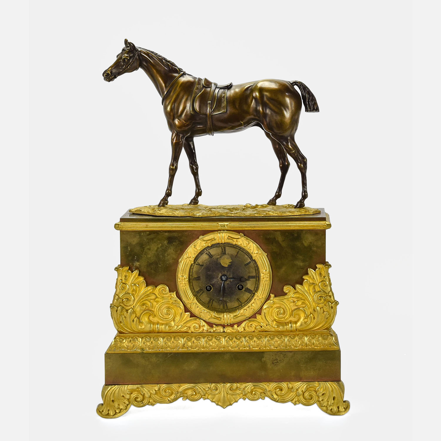 Antique French Equestrian Gilt Bronze Mantel Clock